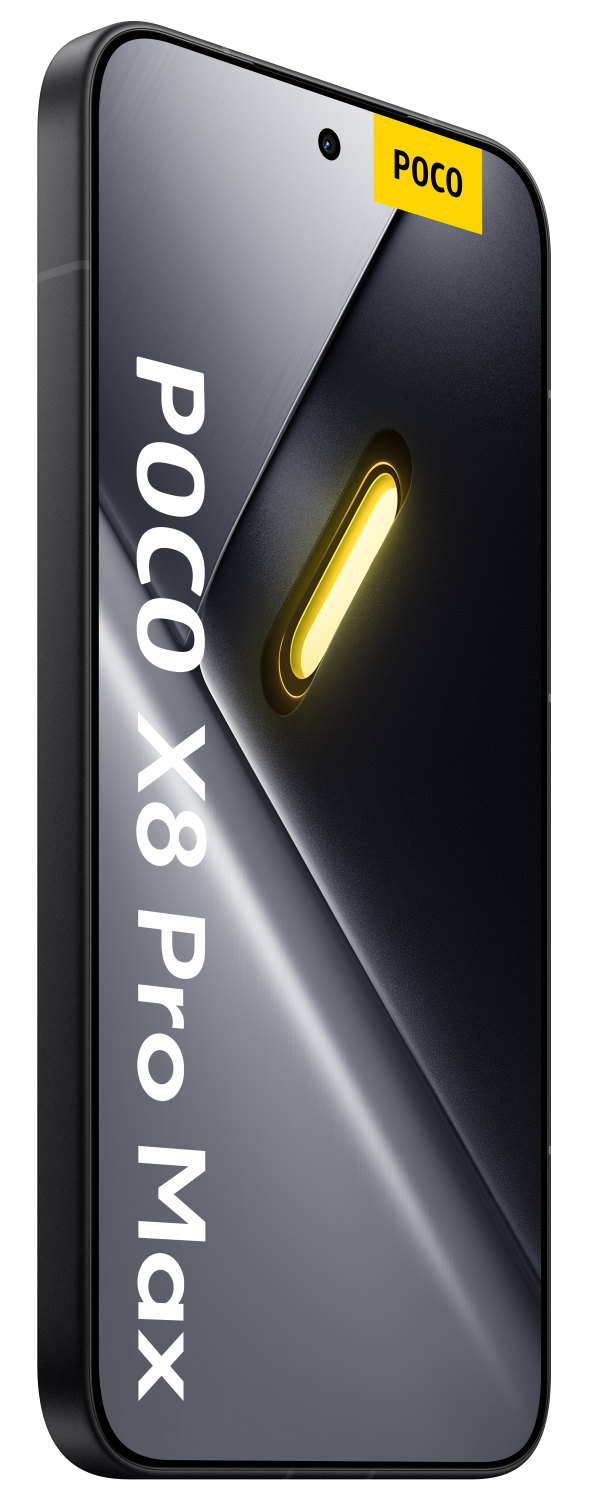 Czarny smartfon z żółtym logo POCO i napisem "POCO X8 Pro Max".