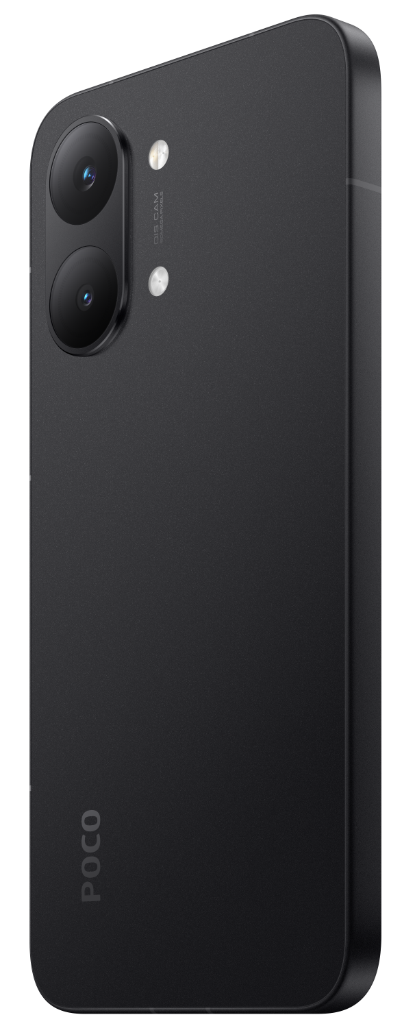 Ciemnoszary smartfon z dwoma aparatami i logo POCO.