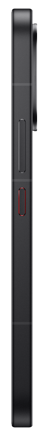 Szary smartfon w profilu bocznym z przyciskami i czerwonym akcentem.