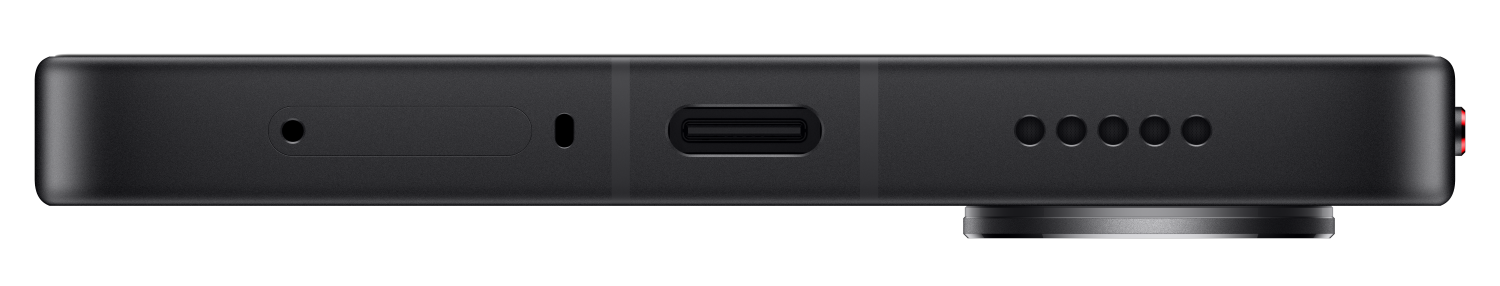 Zbliżenie boku ciemnoszarego smartfona z portem USB-C, otworami głośnika i przyciskami.