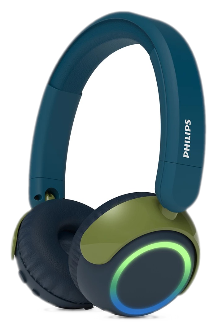 Niebieskie słuchawki z zielonymi akcentami i podświetlanym pierścieniem.