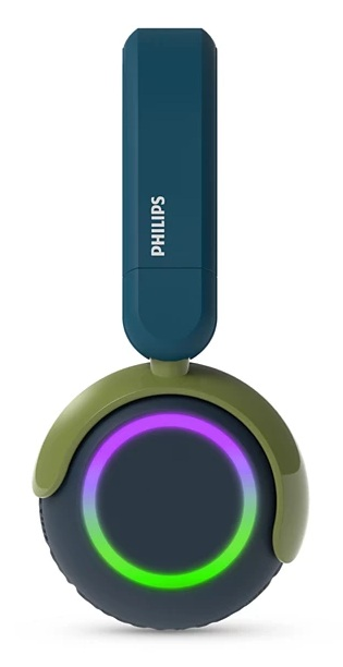 Niebieskie słuchawki z zielono-fioletowym pierścieniem świetlnym na nauszniku.