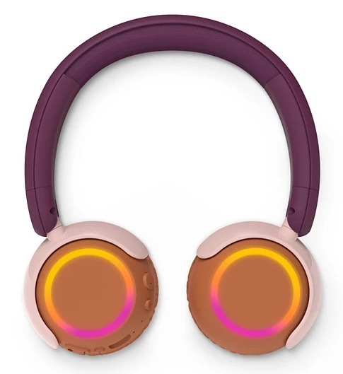 Fioletowe słuchawki nauszne z brązowymi nausznikami i świecącymi pierścieniami.
