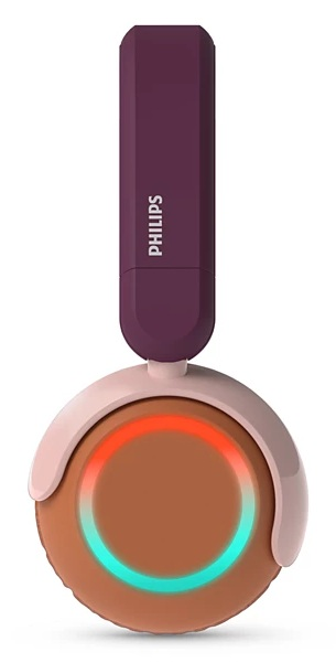 Fioletowe słuchawki Philips z brązowymi nausznikami i świecącymi pierścieniami.