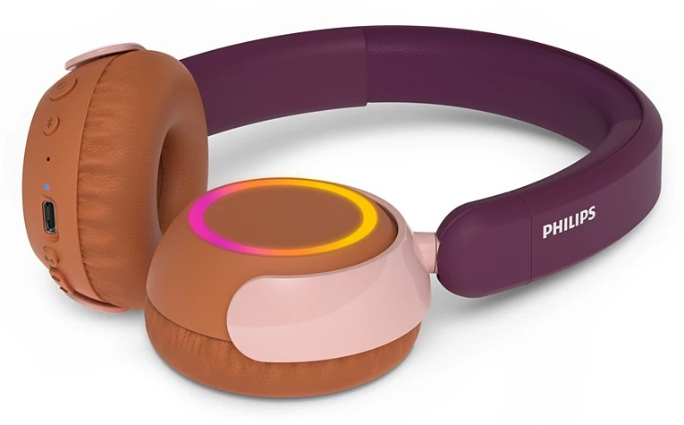 Fioletowe słuchawki Philips z brązowymi nausznikami i różowymi akcentami.
