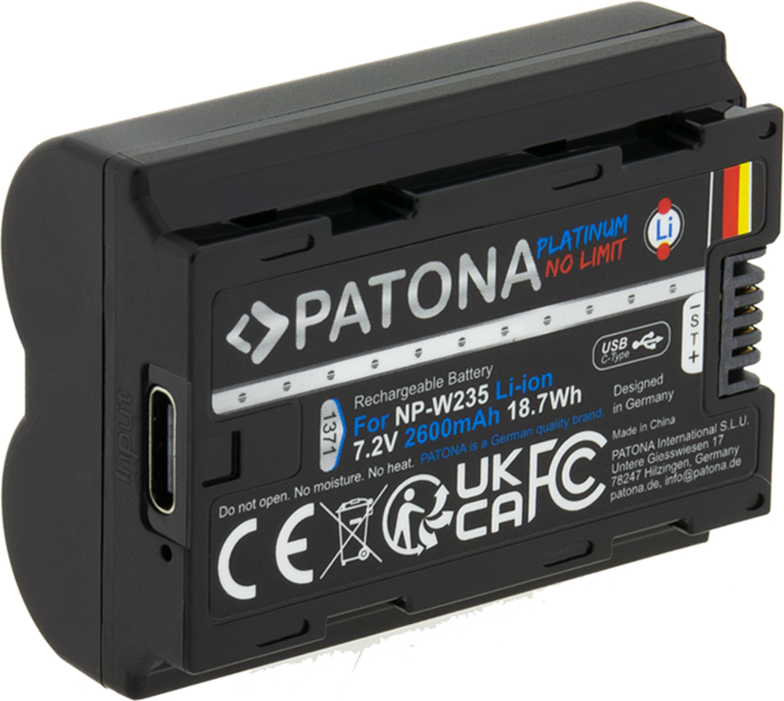 Schwarzer Akku mit USB-C-Anschluss. Beschriftung: PATONA PLATINUM NO LIMIT.
