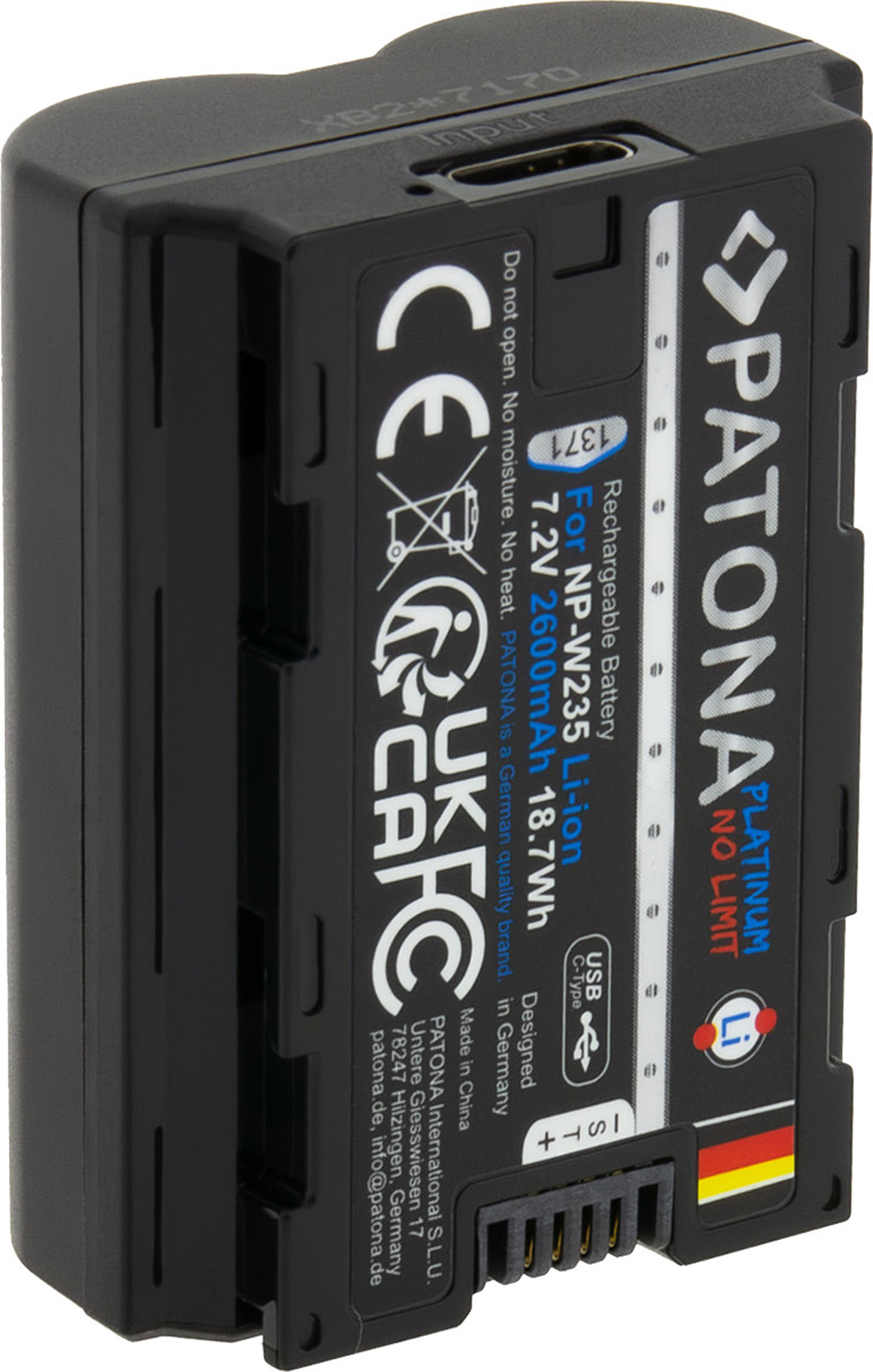 Schwarzer Akku für NP-W235, 7.2V 2600mAh, mit USB-C, PATONA-Logo.
