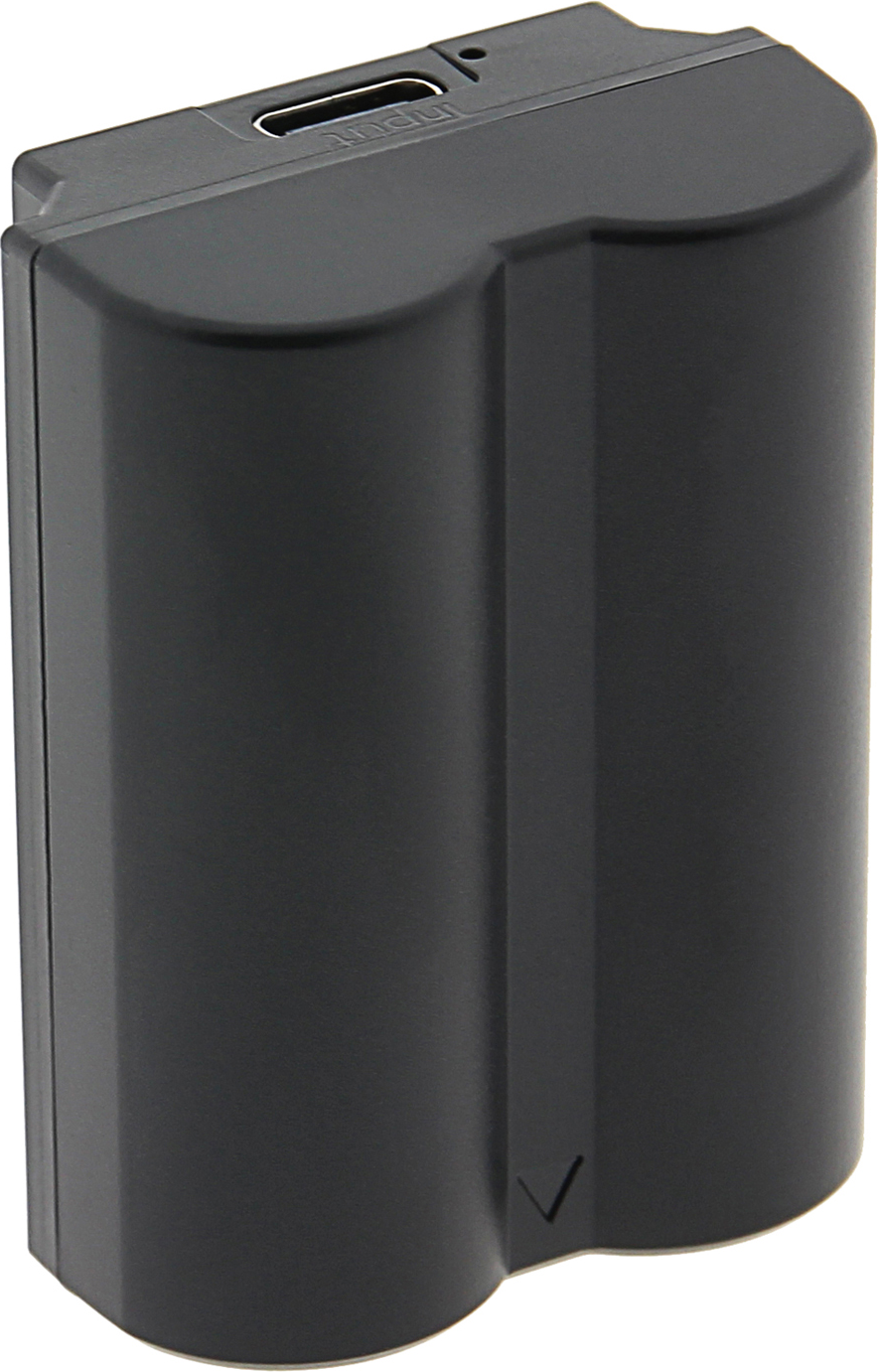 Schwarzer Akku mit USB-C-Anschluss oben und V-Symbol.