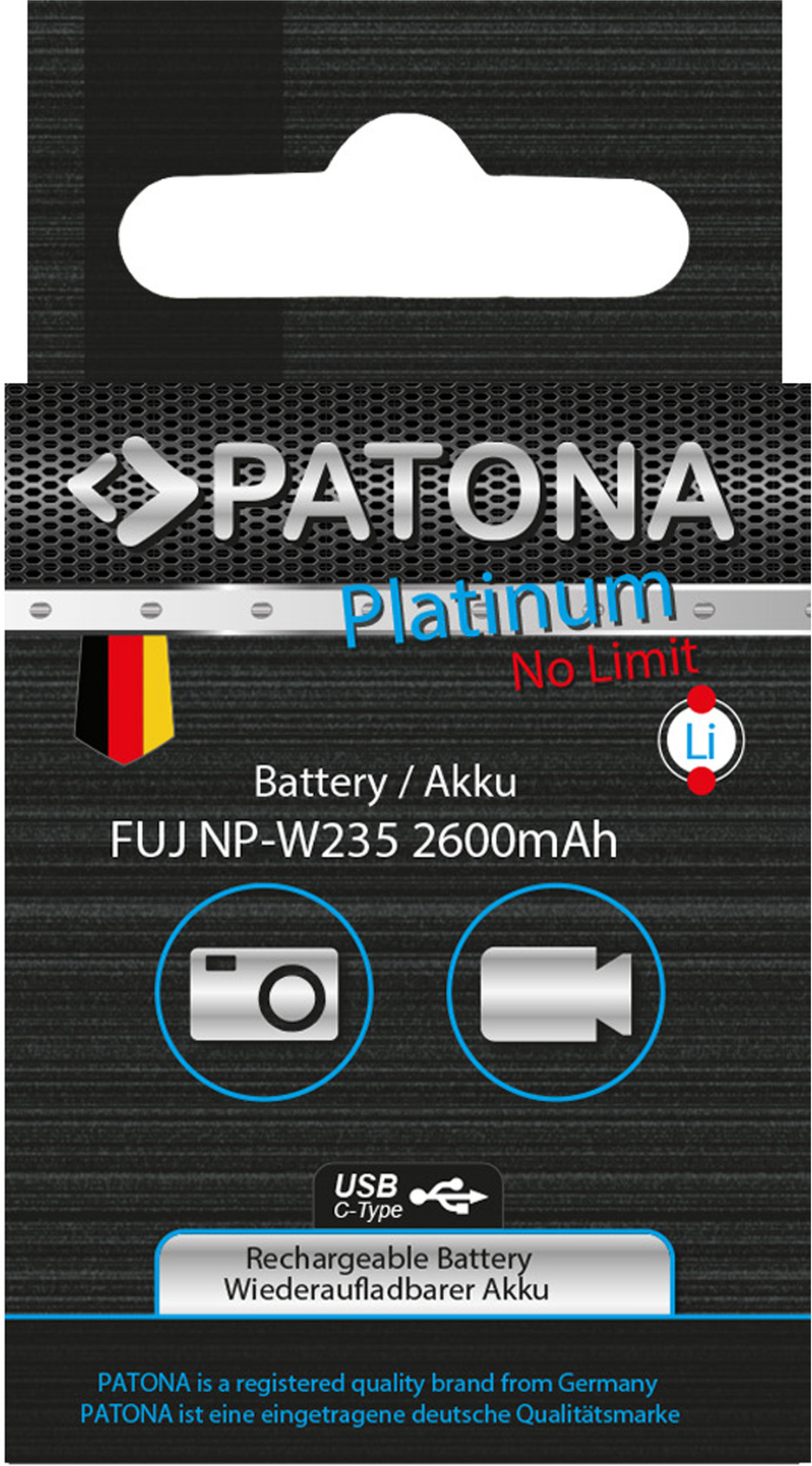 PATONA Akku FUJ NP-W235 2600mAh, wiederaufladbar, mit Kamera-Symbol.