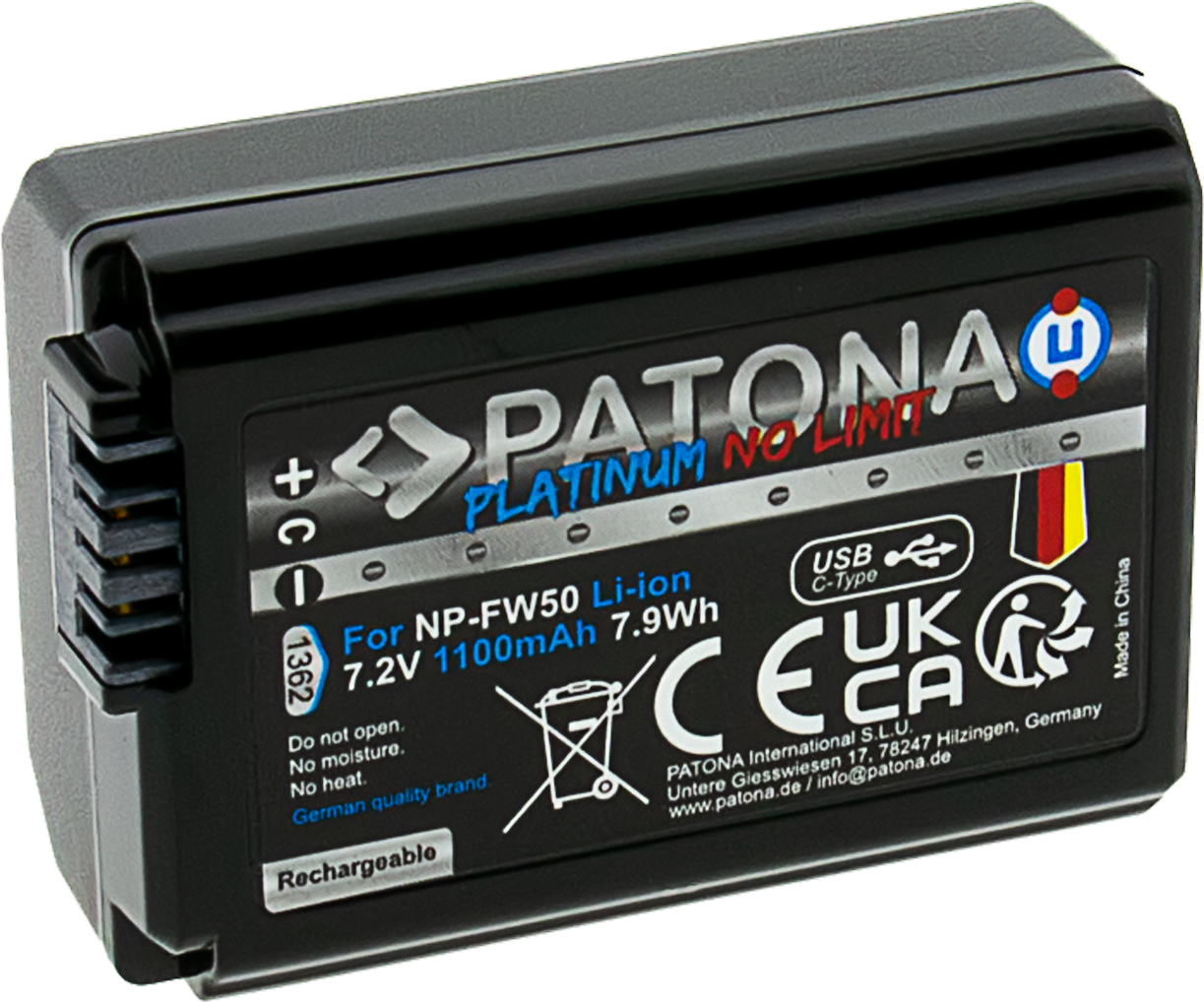 Schwarzer Akku mit PATONA-Logo, 7.2V 1100mAh, für NP-FW50 Li-ion.