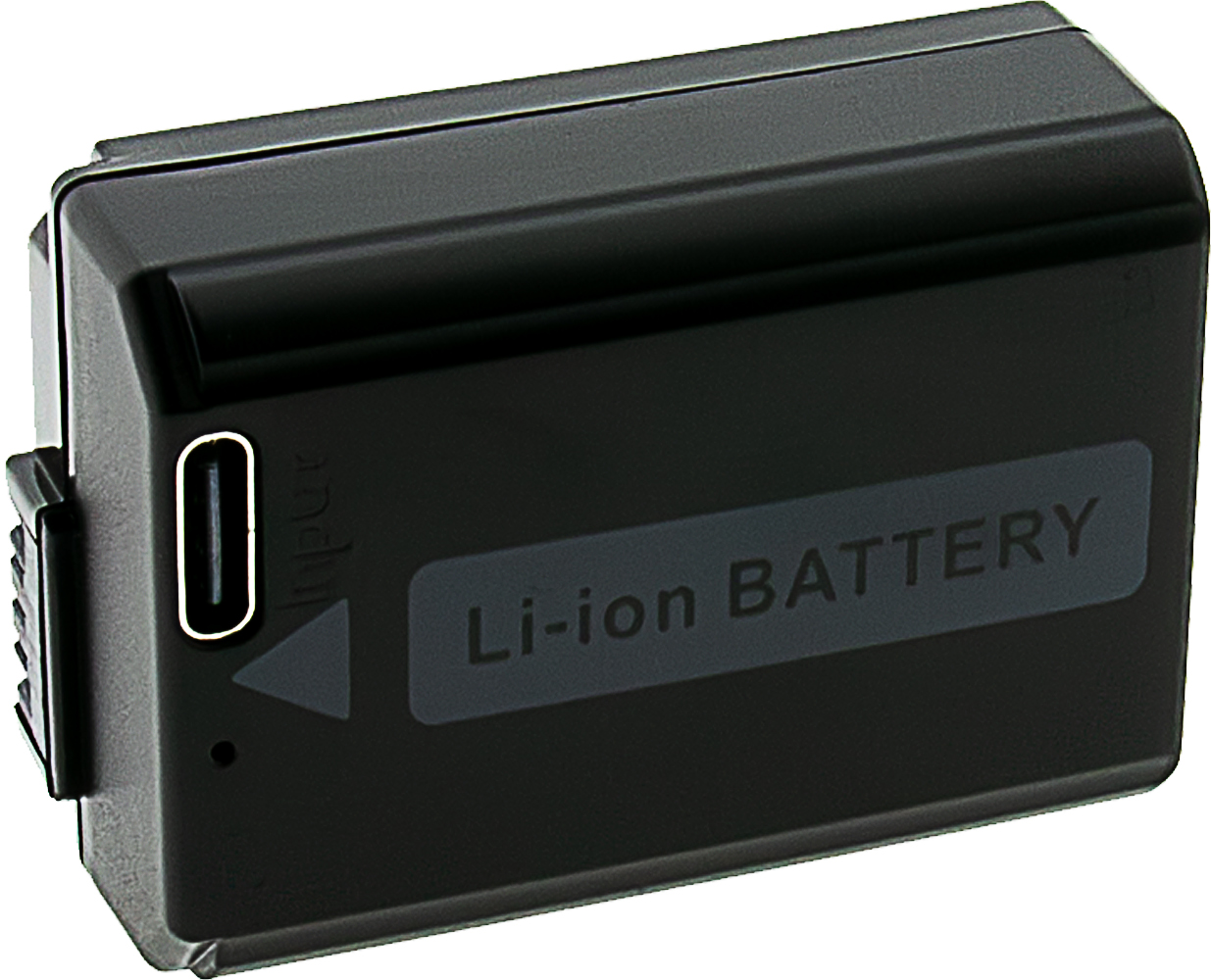 Schwarzer Li-Ion Akku mit USB-C-Anschluss und "Input"-Aufschrift.