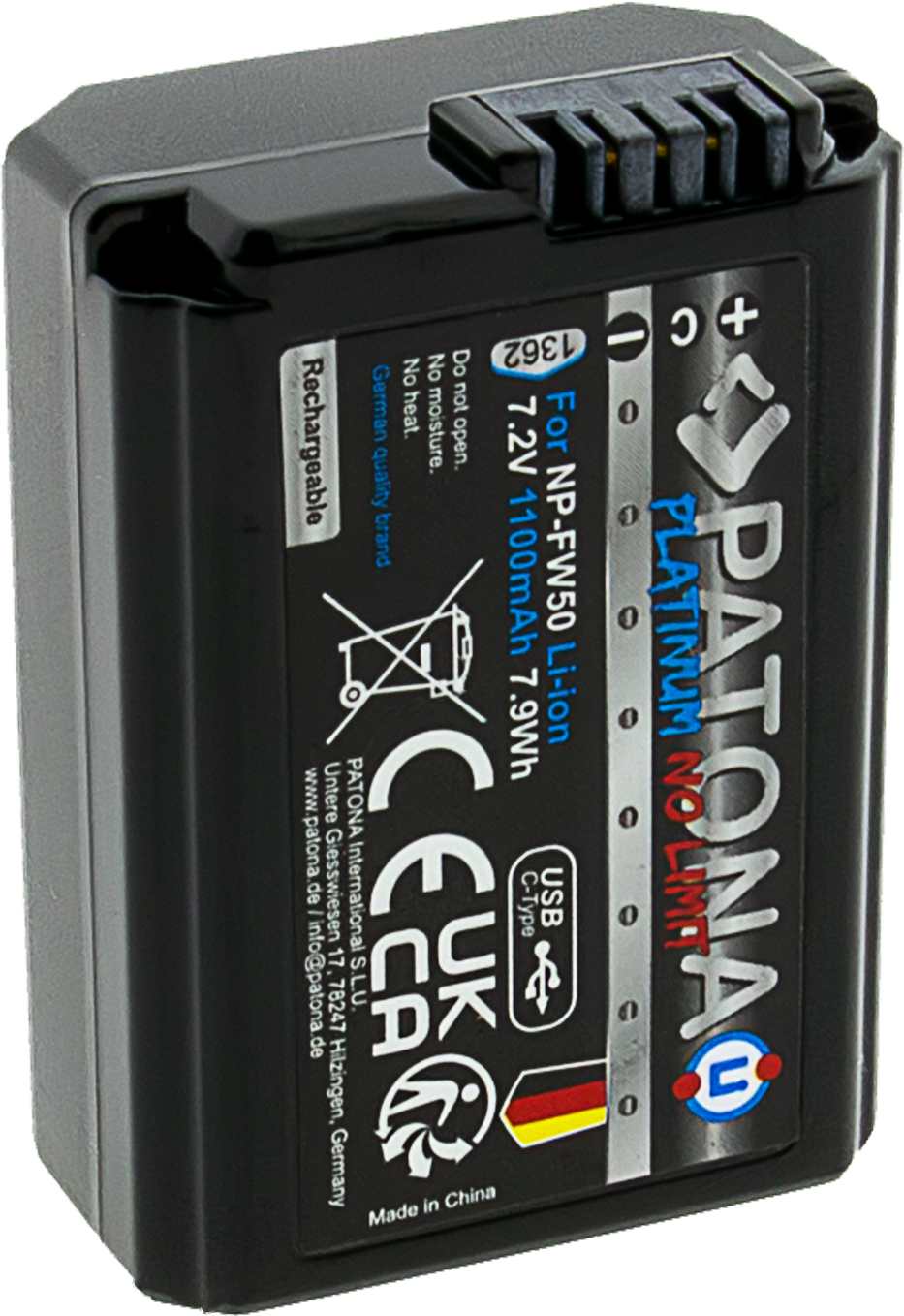 Schwarzer Akku für NP-FW50 Li-ion, 7.2V 1100mAh. Marke PATONA.