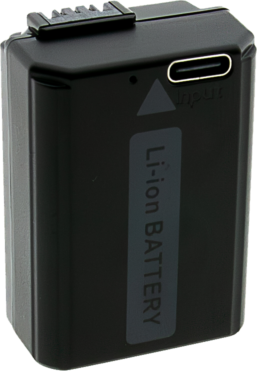 Schwarzer Li-Ion-Akku mit USB-C-Anschluss und Ladekontrollleuchte.