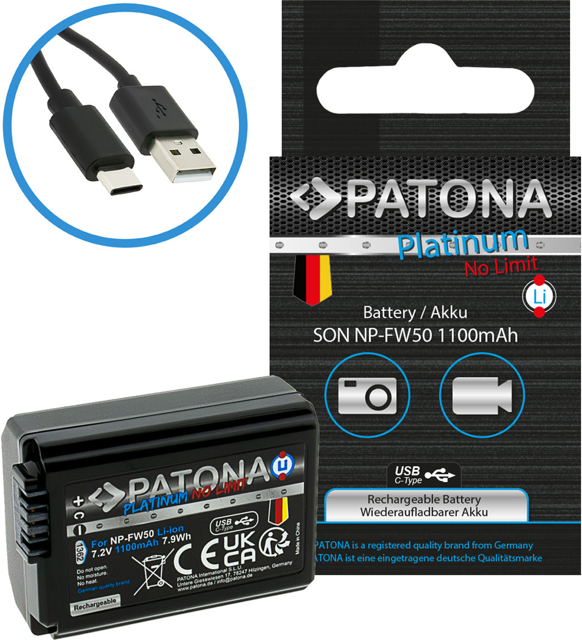 Ein USB-C Kabel und eine PATONA Akku für Kameras.