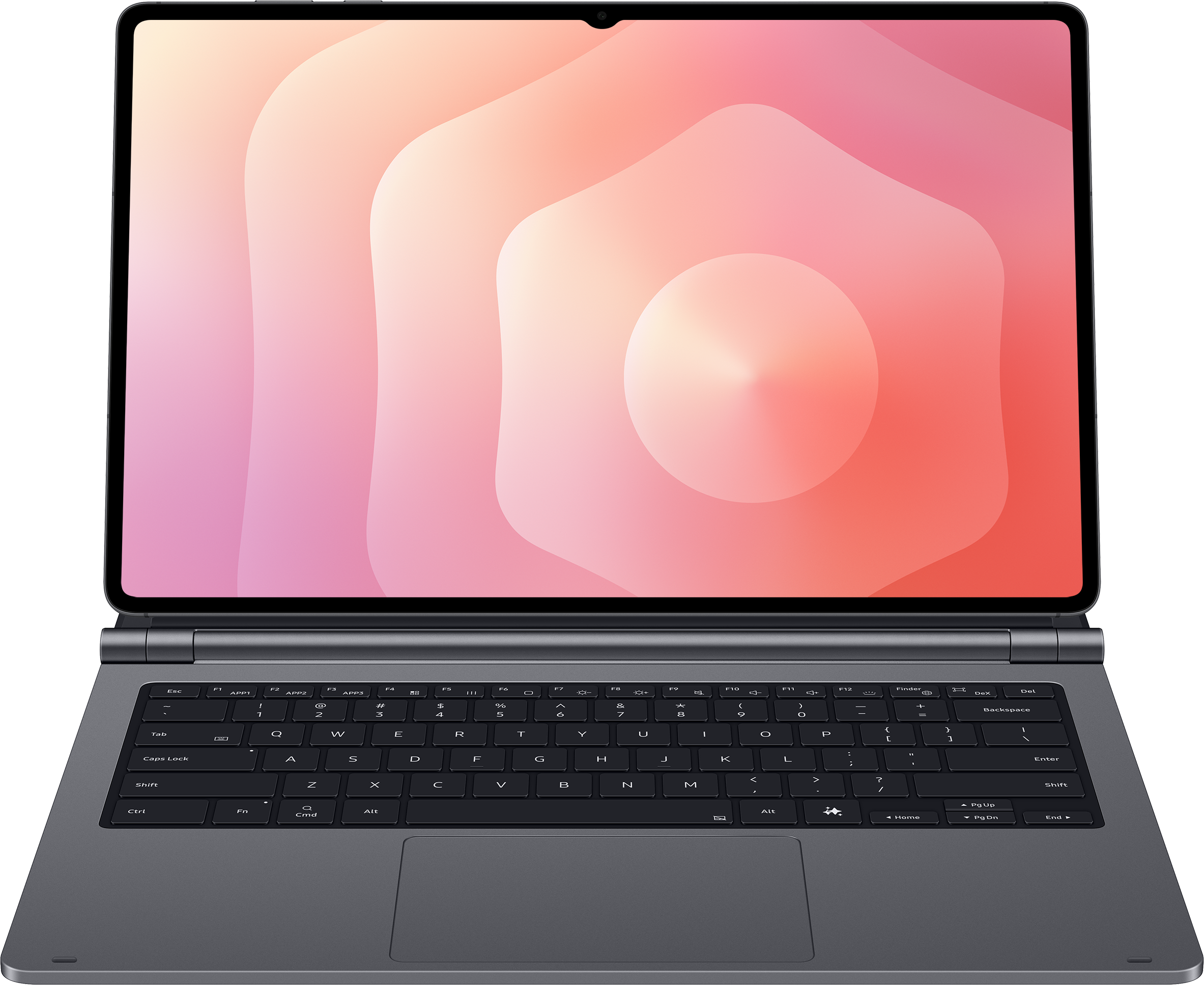 Un ordinateur portable sombre ouvert avec un fond d'écran dégradé rose sur son écran.