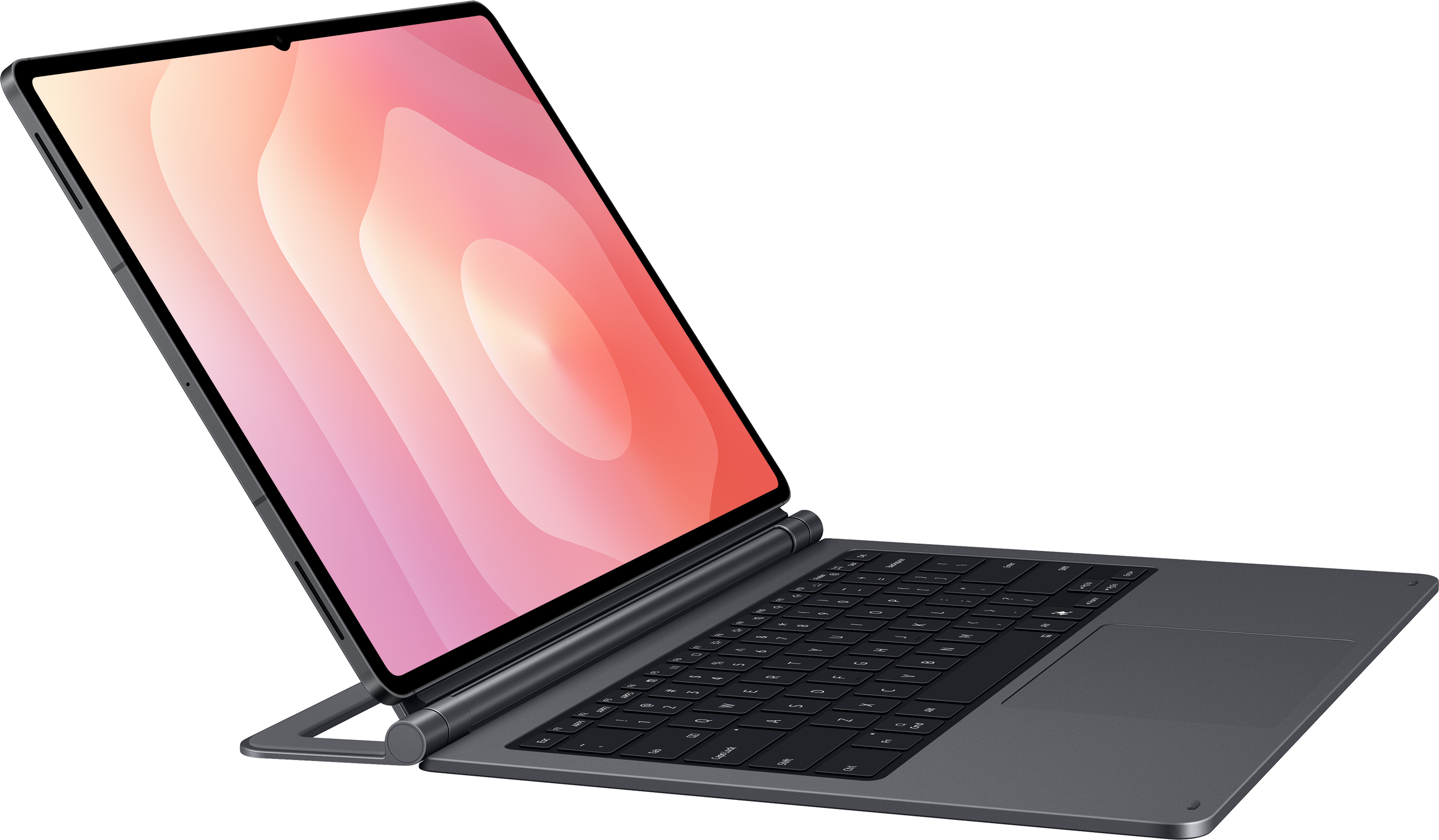 Une tablette grise avec support clavier et écran coloré.
