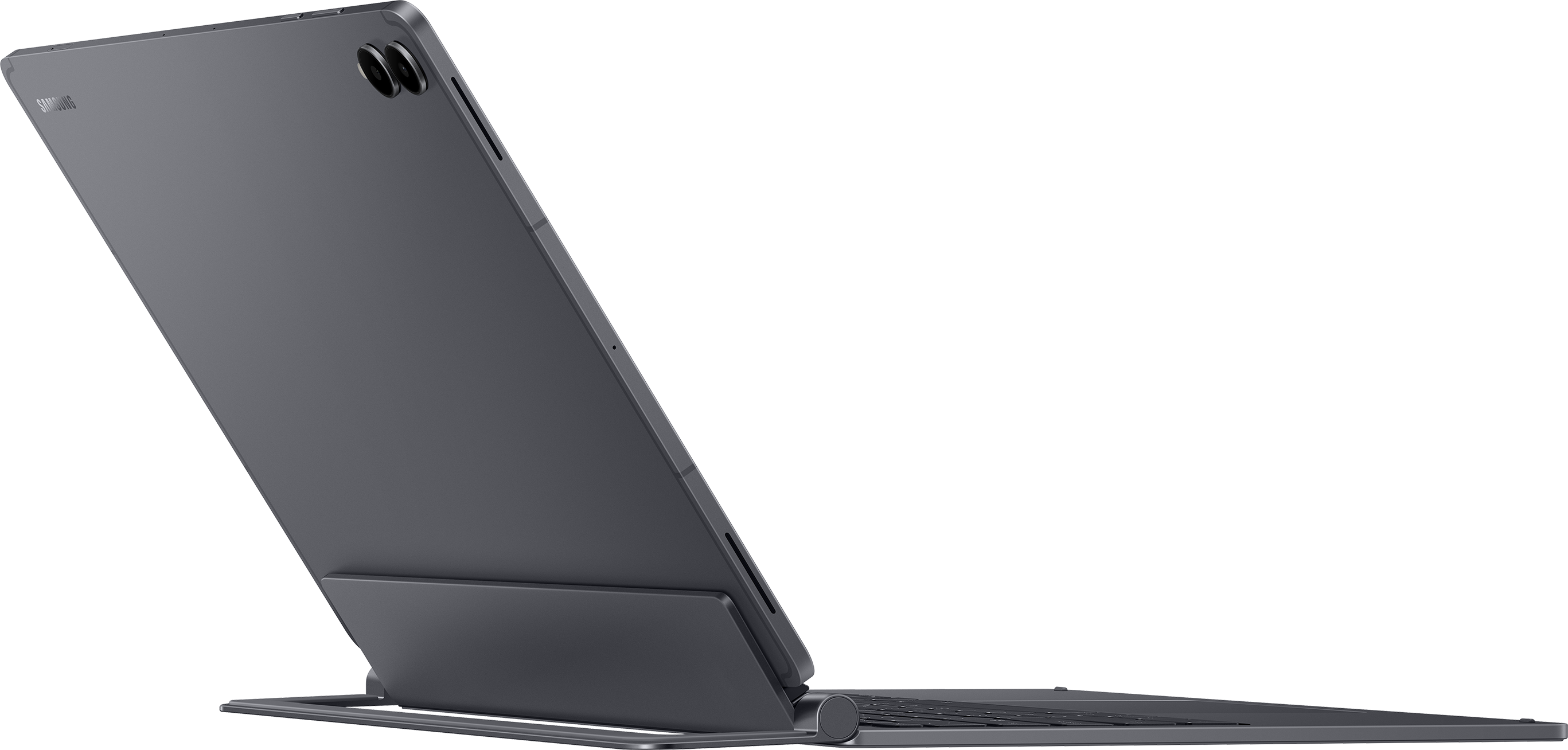 Une tablette Samsung grise avec clavier attaché, posée sur un support.