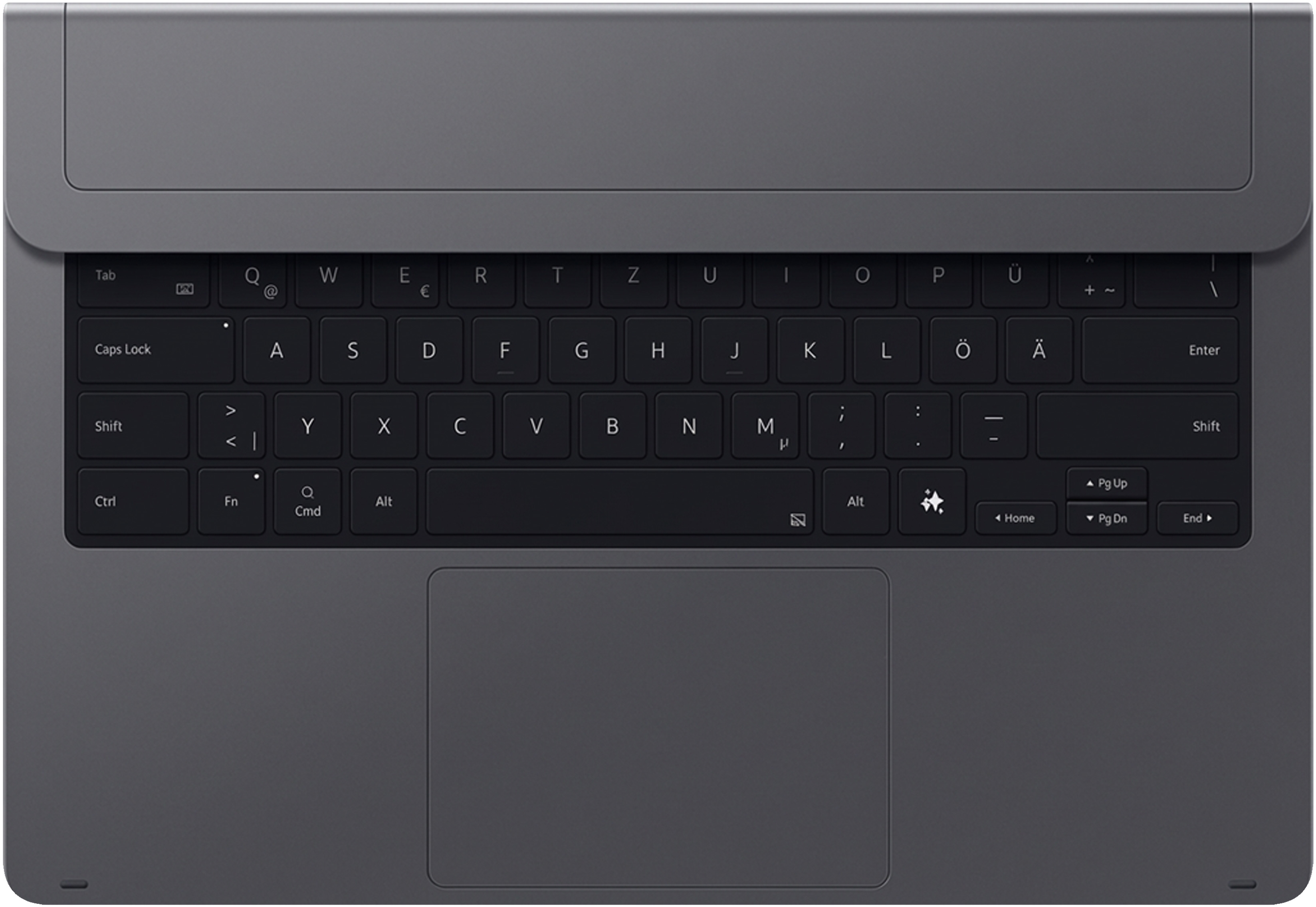 Housse de clavier grise avec touches rétroéclairées et trackpad.