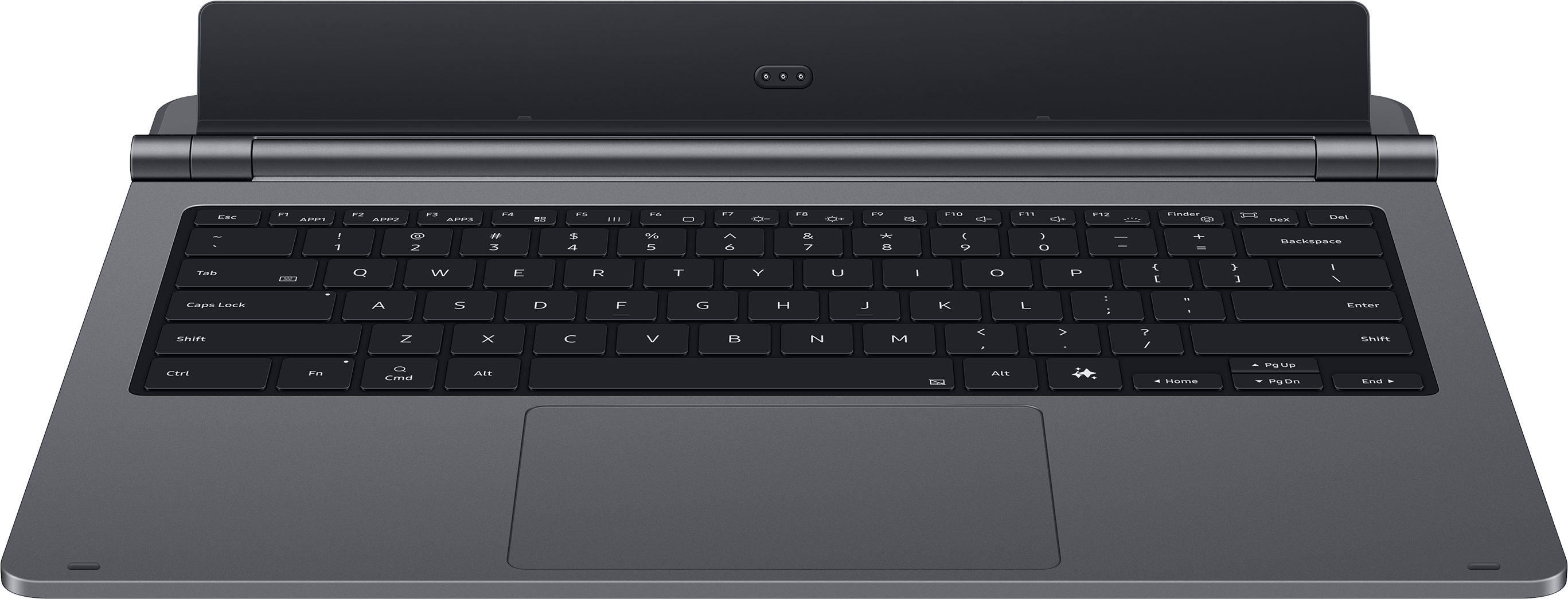 Clavier et pavé tactile gris foncé avec touches noires. Un support d'écran gris en haut.