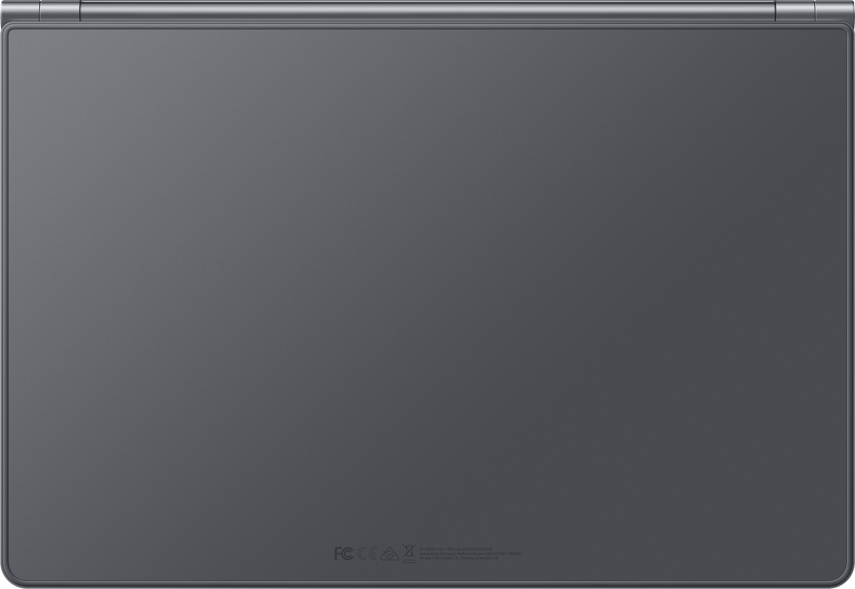 Arrière d'une tablette grise avec marques de certification et numéro de modèle.