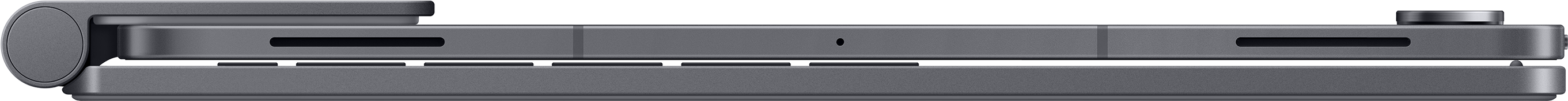 Appareil électronique gris avec charnière et boutons en vue de profil.