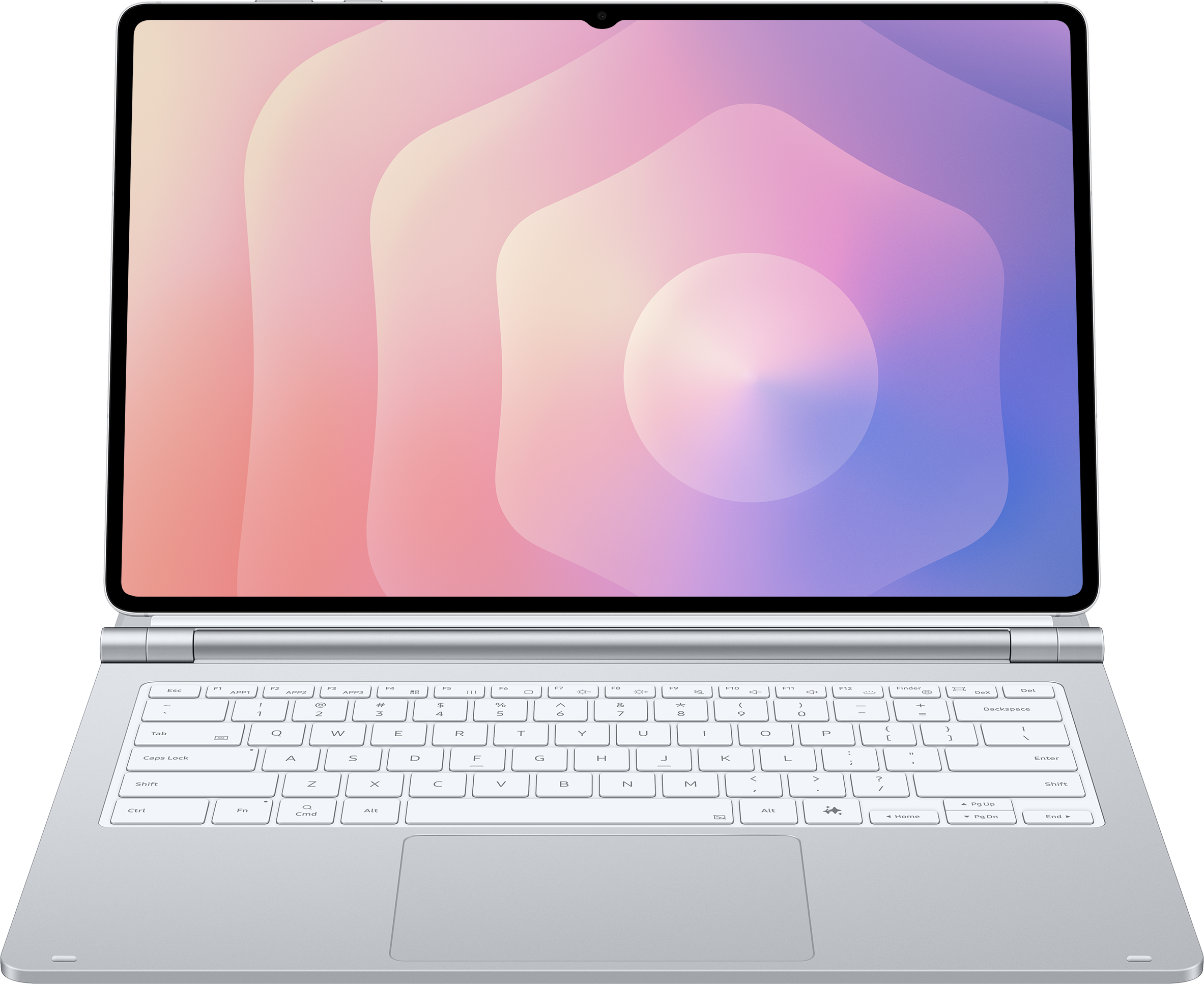 Un ordinateur portable argenté avec clavier et pavé tactile, fond dégradé.