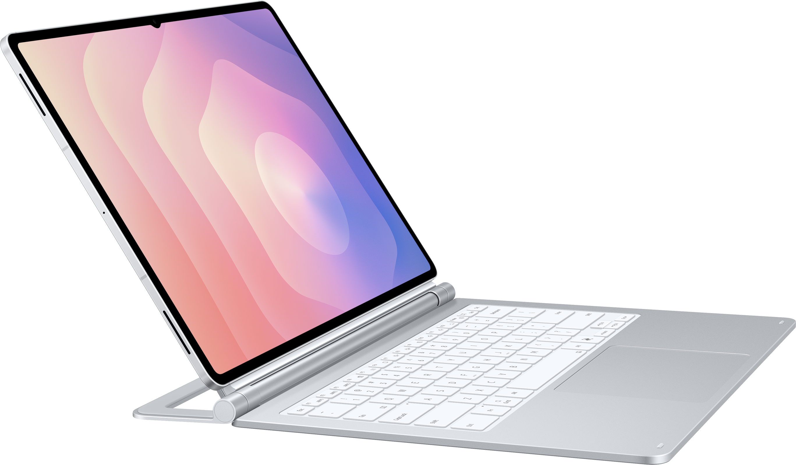 Une tablette argentée avec clavier et support attachés. L'écran affiche des vagues colorées.