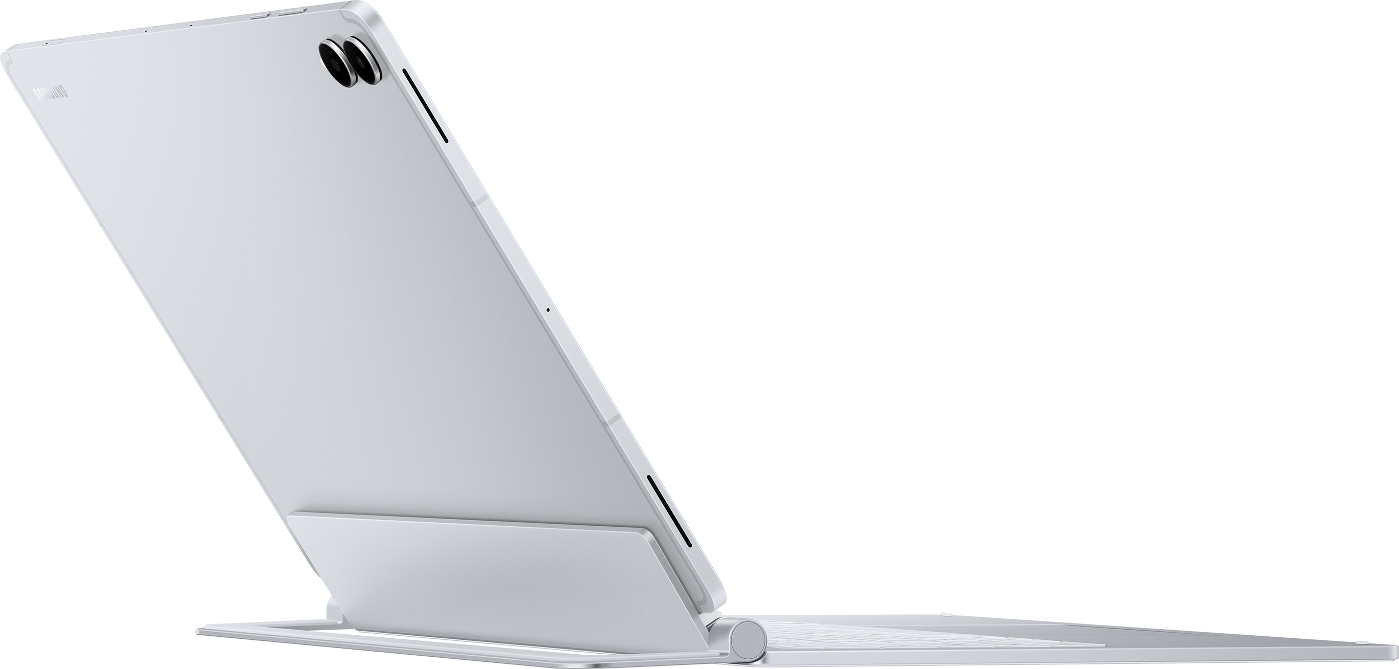 Une tablette argentée avec un support clavier, sur fond noir.