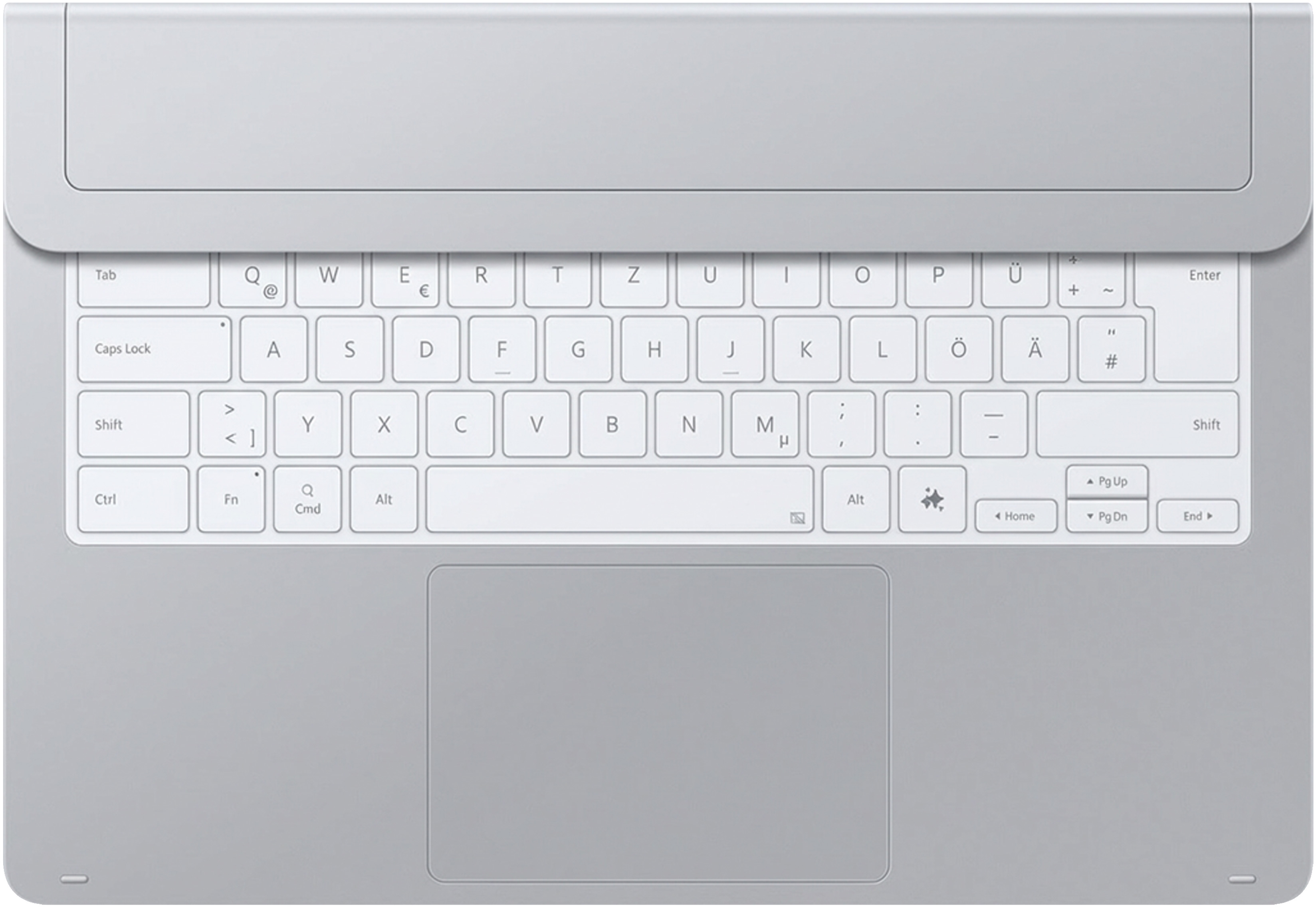 Un clavier gris avec un pavé tactile. Les touches sont blanches avec des lettres noires.