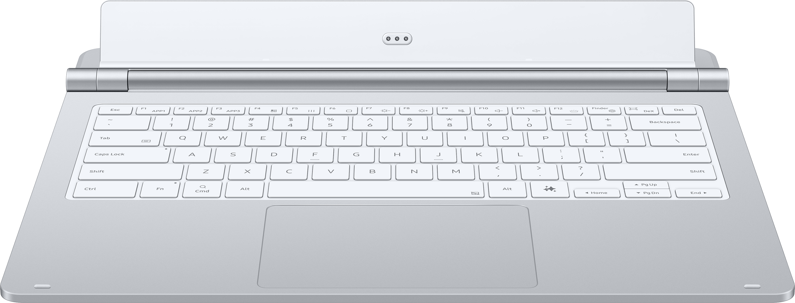 Station de clavier argentée pour ordinateur portable avec touches rétroéclairées et pavé tactile.