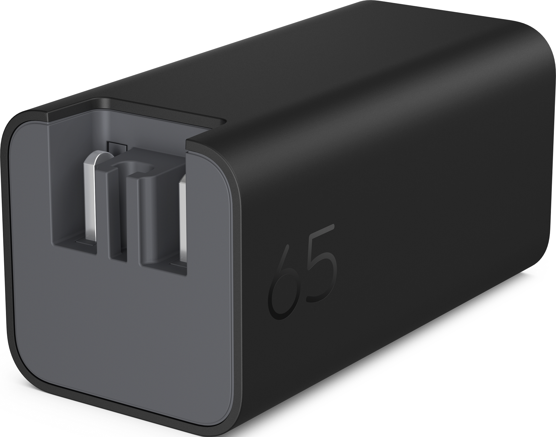 Schwarzer Ladestecker mit zwei USB-Anschlüssen und der Zahl 65.