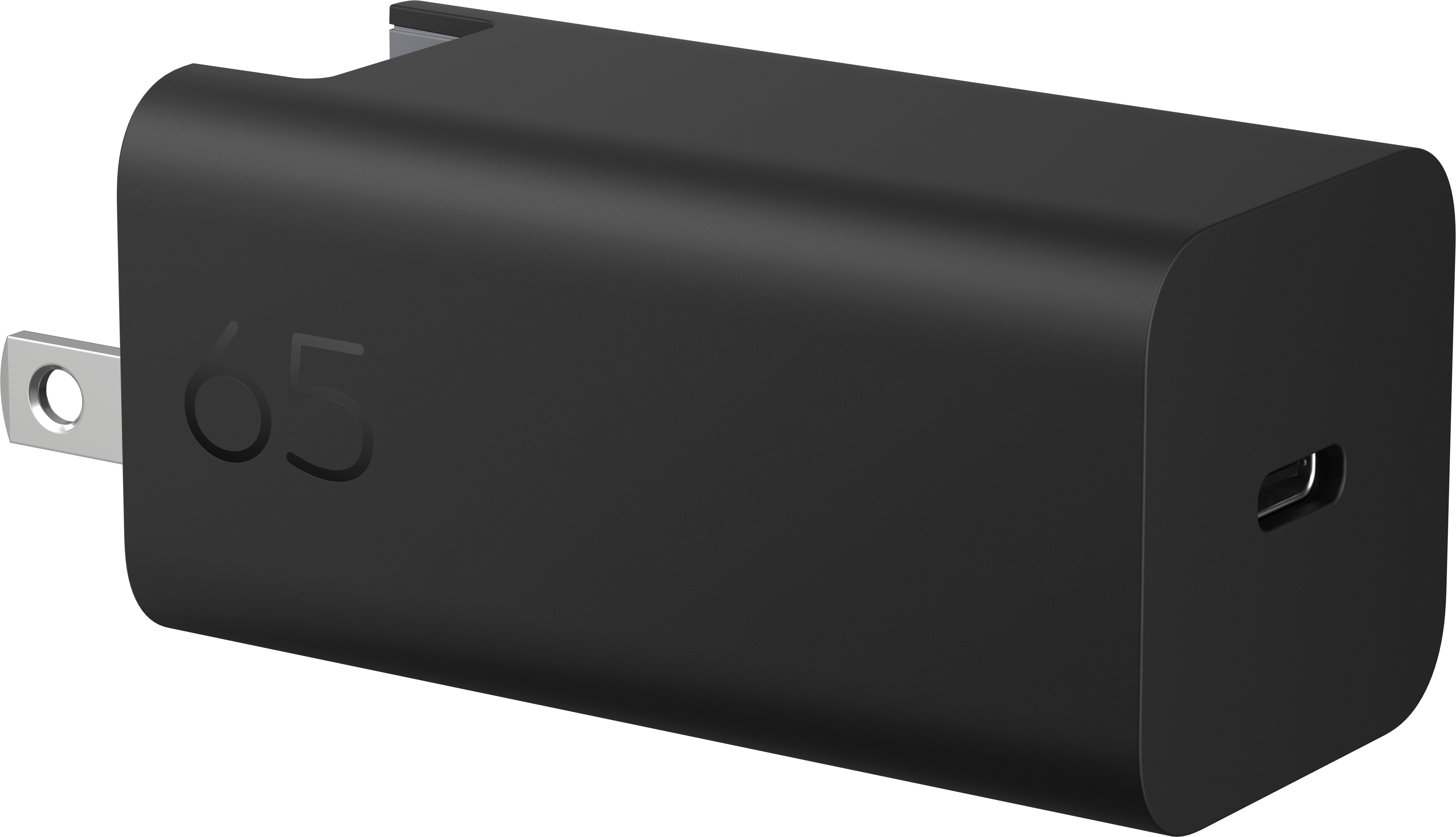 Schwarzer Netzstecker mit "65" und USB-C-Anschluss.
