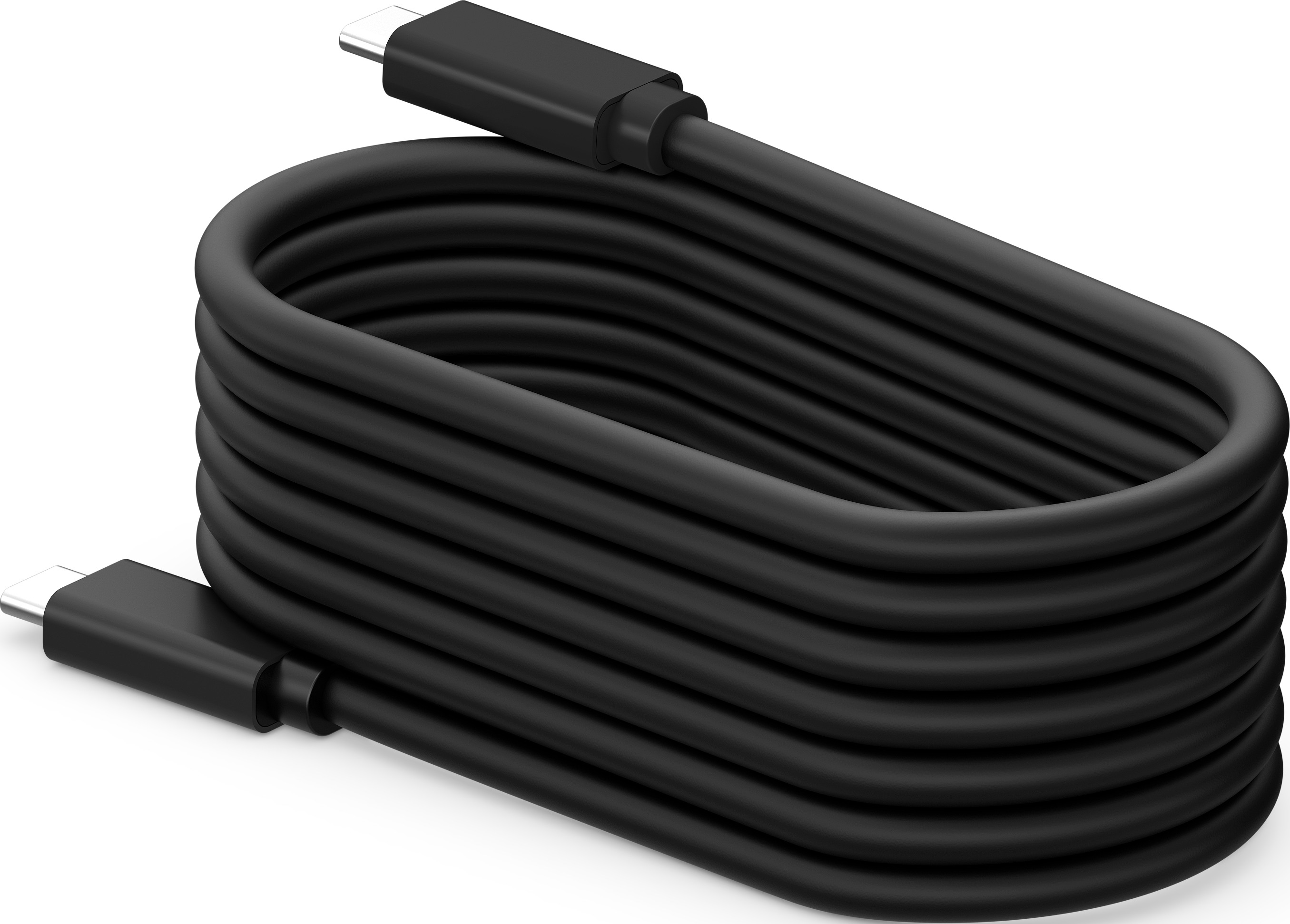 Schwarzes USB-C-Kabel, aufgerollt, mit silbernen Anschlüssen.