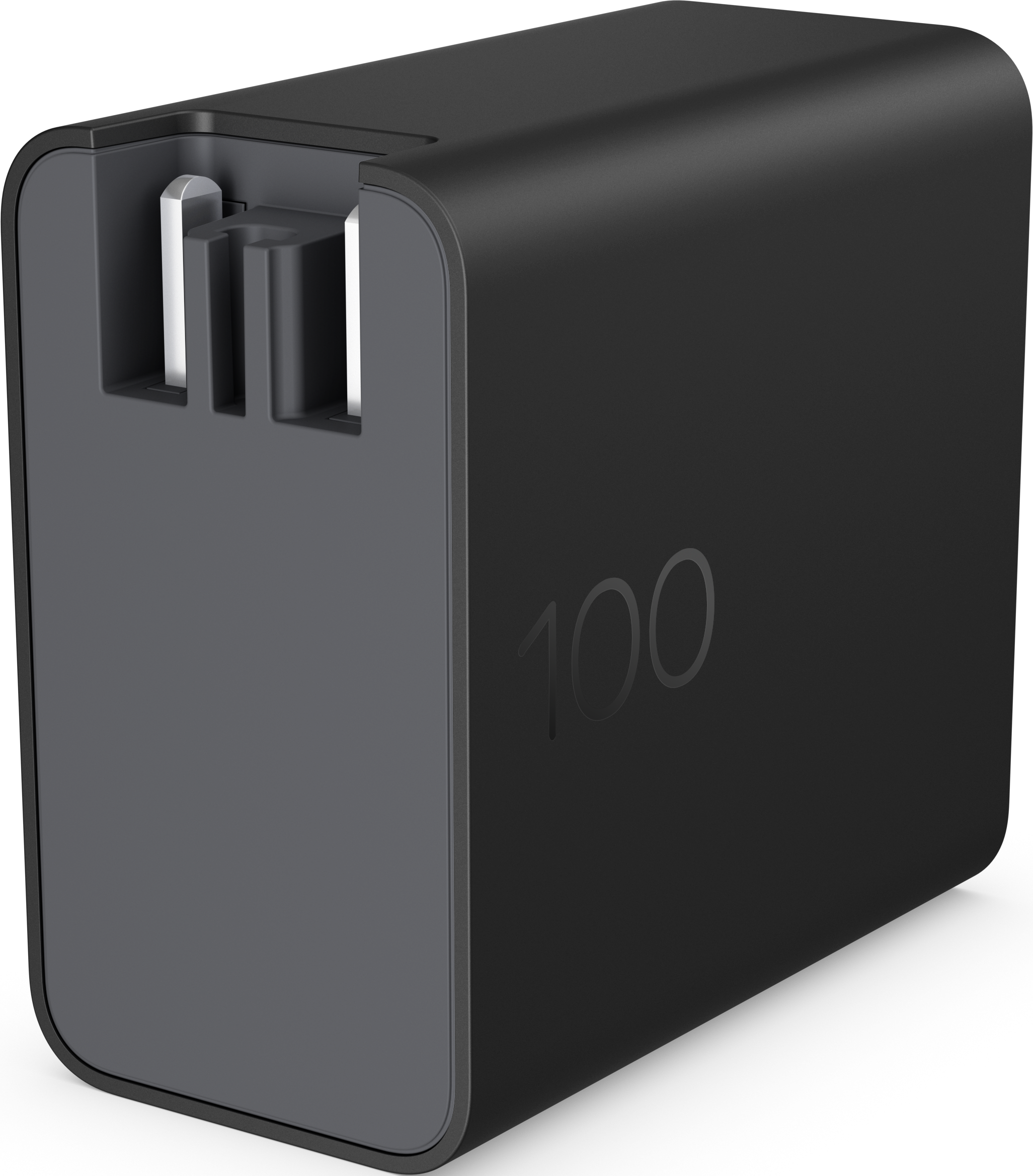 Schwarzes Netzteil mit zwei USB-C-Anschlüssen und der Zahl 100.