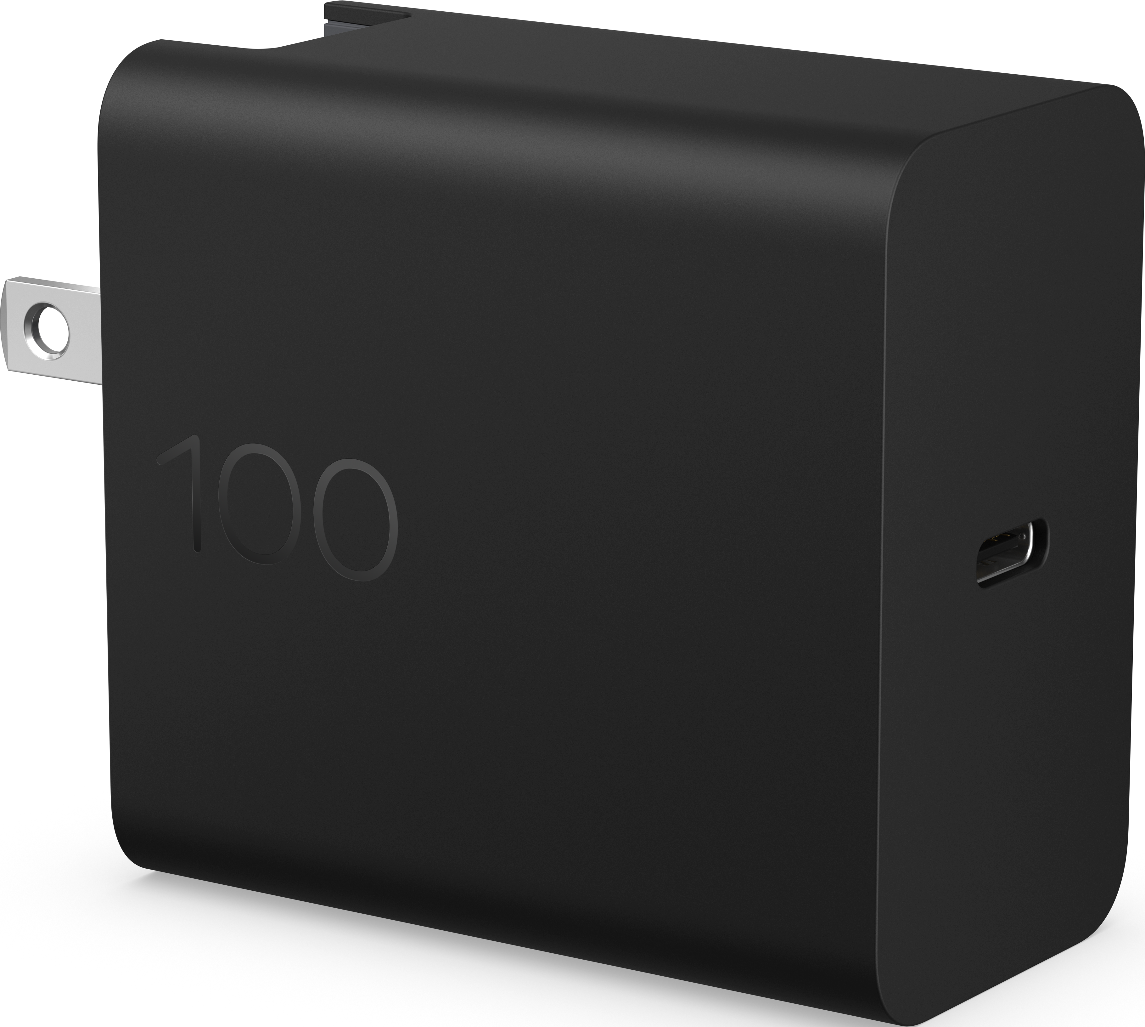 Schwarzer Netzstecker-Adapter mit 100-Symbol und USB-C-Anschluss.