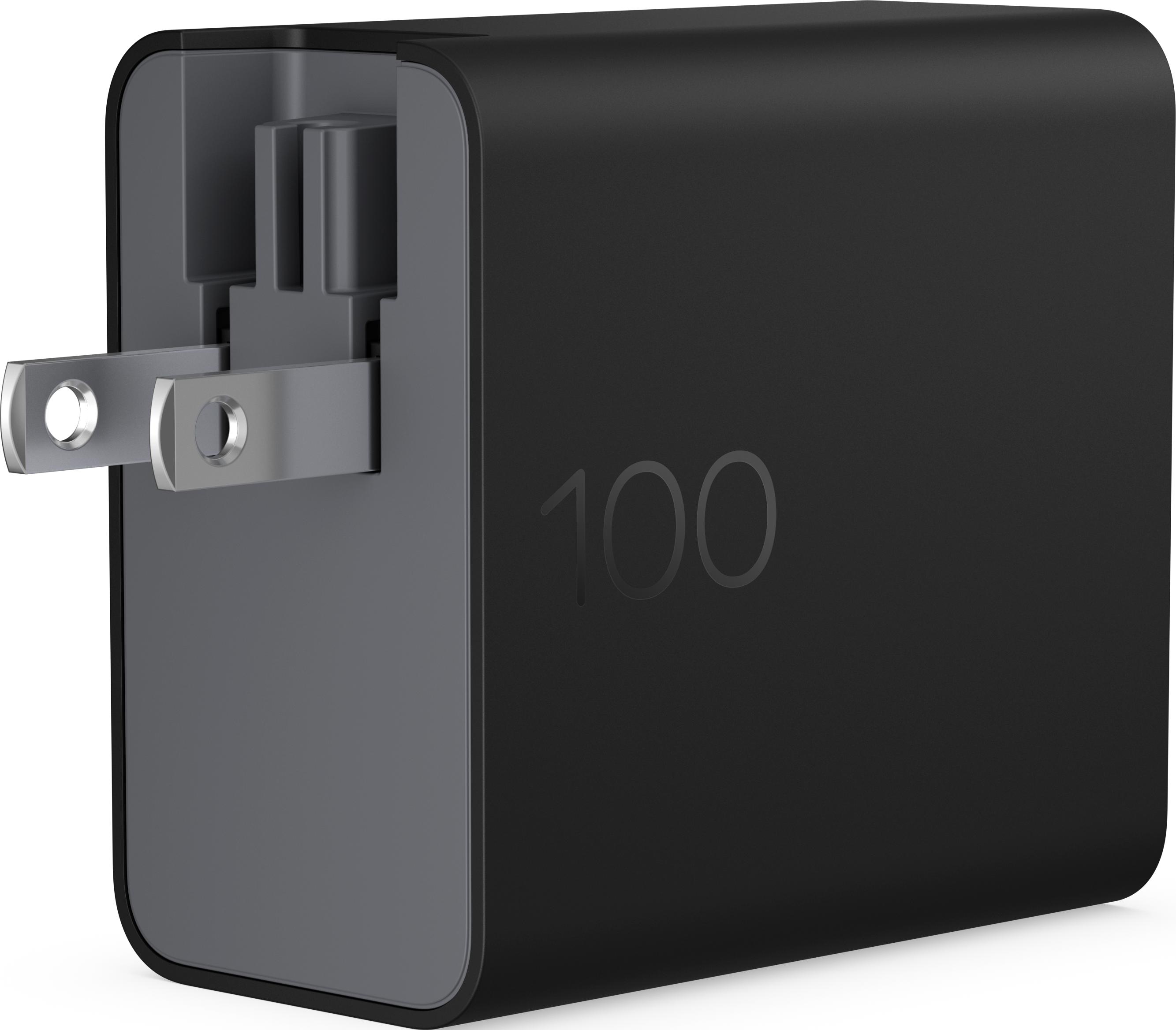 Schwarzer Netzadapter mit ausklappbaren Steckern und der Zahl 100.