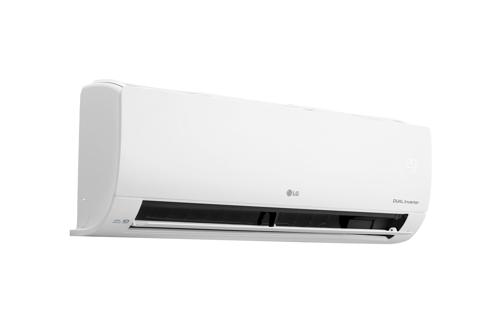 Beyaz LG klima, beyaz arka plan üzerinde Dual Inverter teknolojili.