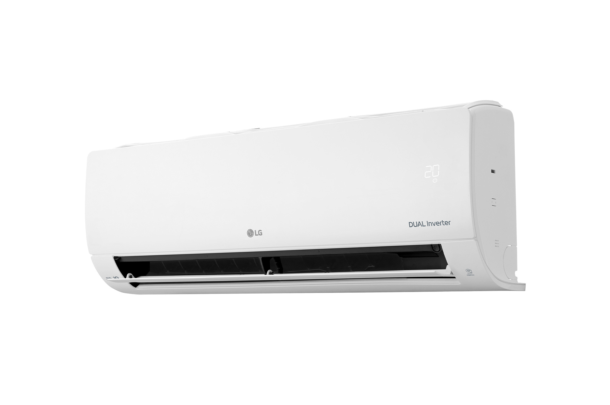 Beyaz arka plan üzerinde Dual Inverter teknolojisine sahip beyaz LG klima.