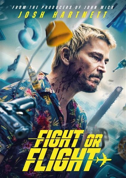 Homme avec tronçonneuse et pistolet, affiche "Fight or Flight".