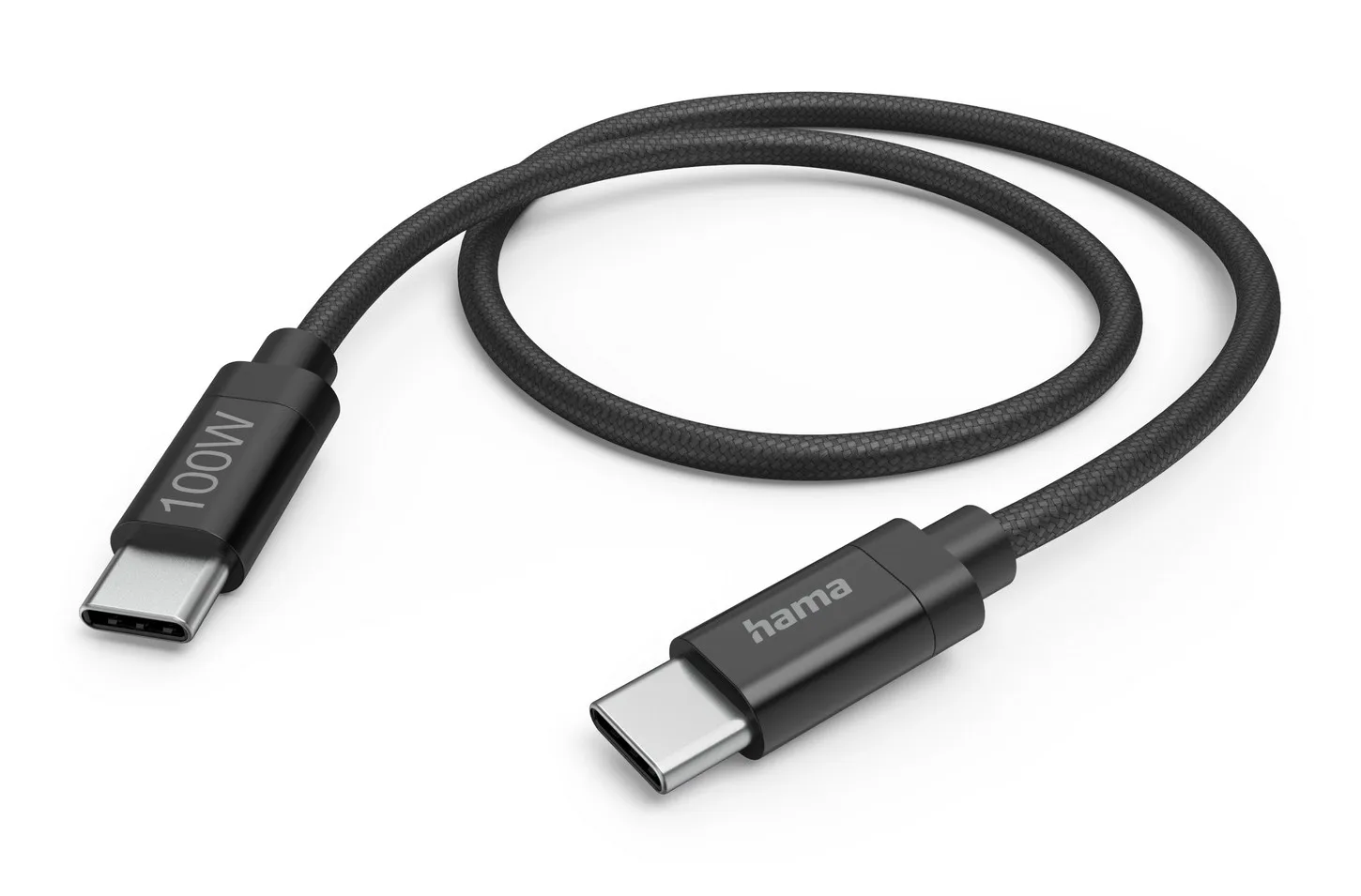Czarny kabel USB-C z dwoma złączami, oznaczony "100W" i "hama".