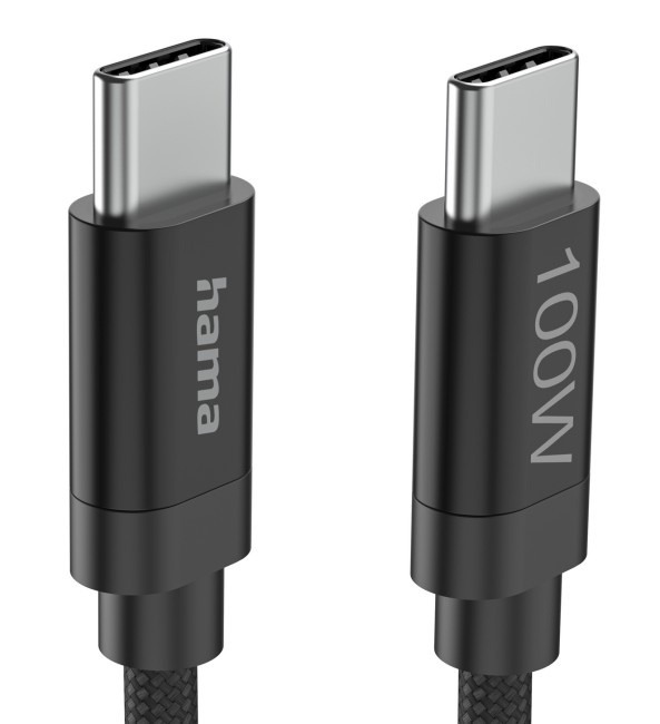 Dwa czarne kable USB-C ze srebrnymi złączami. Jeden z logo Hama, drugi z oznaczeniem 100W.