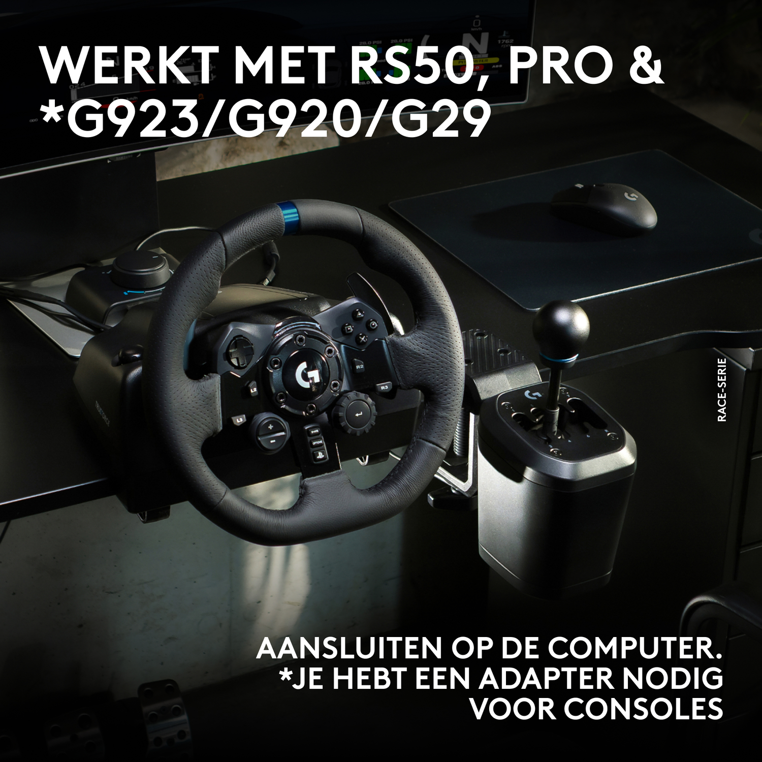 Logitech race stuur, pook en muis op een bureau.