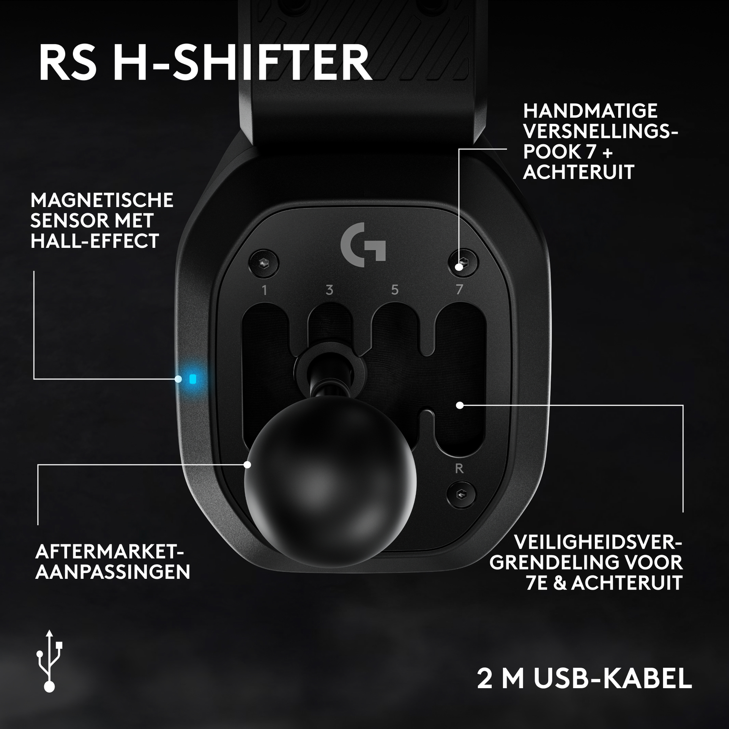 Zwarte H-shifter met versnellingspook, 1-7 & R markeringen, en USB-kabel.