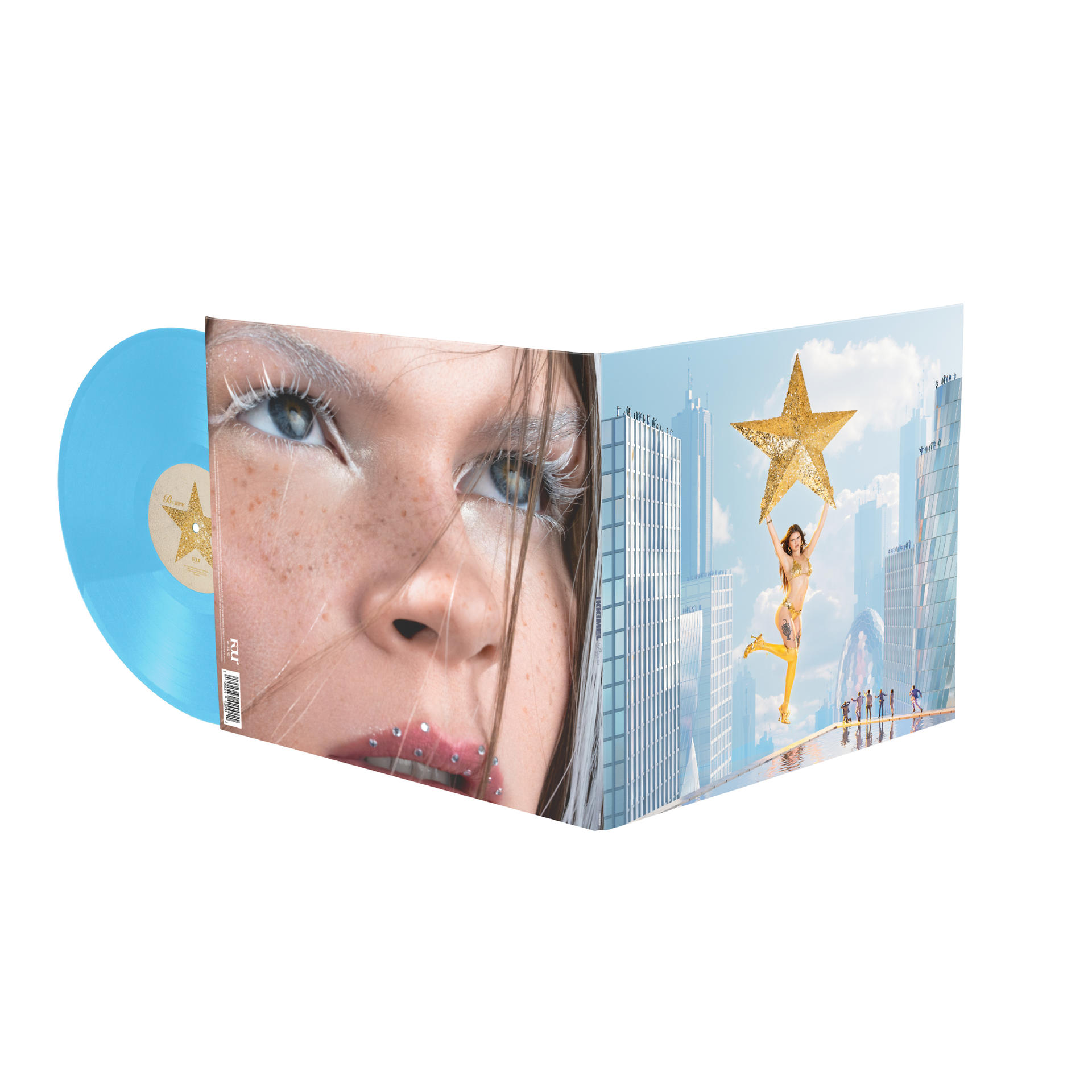 Hellblauer Vinyl-Schallplatte und ein Plattencover mit einem
Nahaufnahme-Gesicht und einer Frau, die einen Stern hochhält.