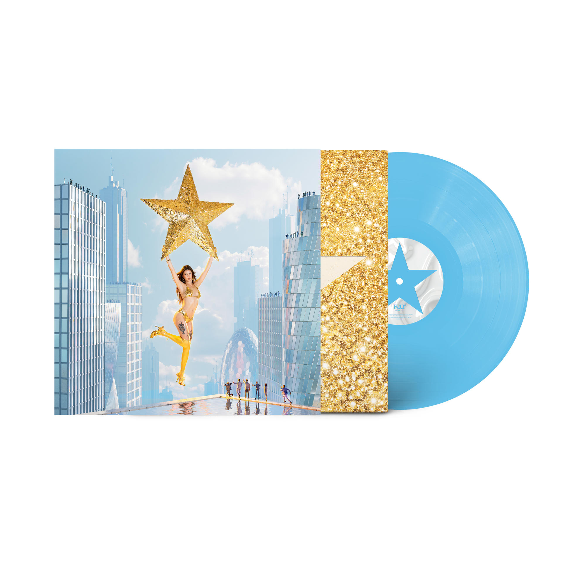Eine Frau hält einen Stern über einer Stadtkulisse mit einem blauen Vinyl.