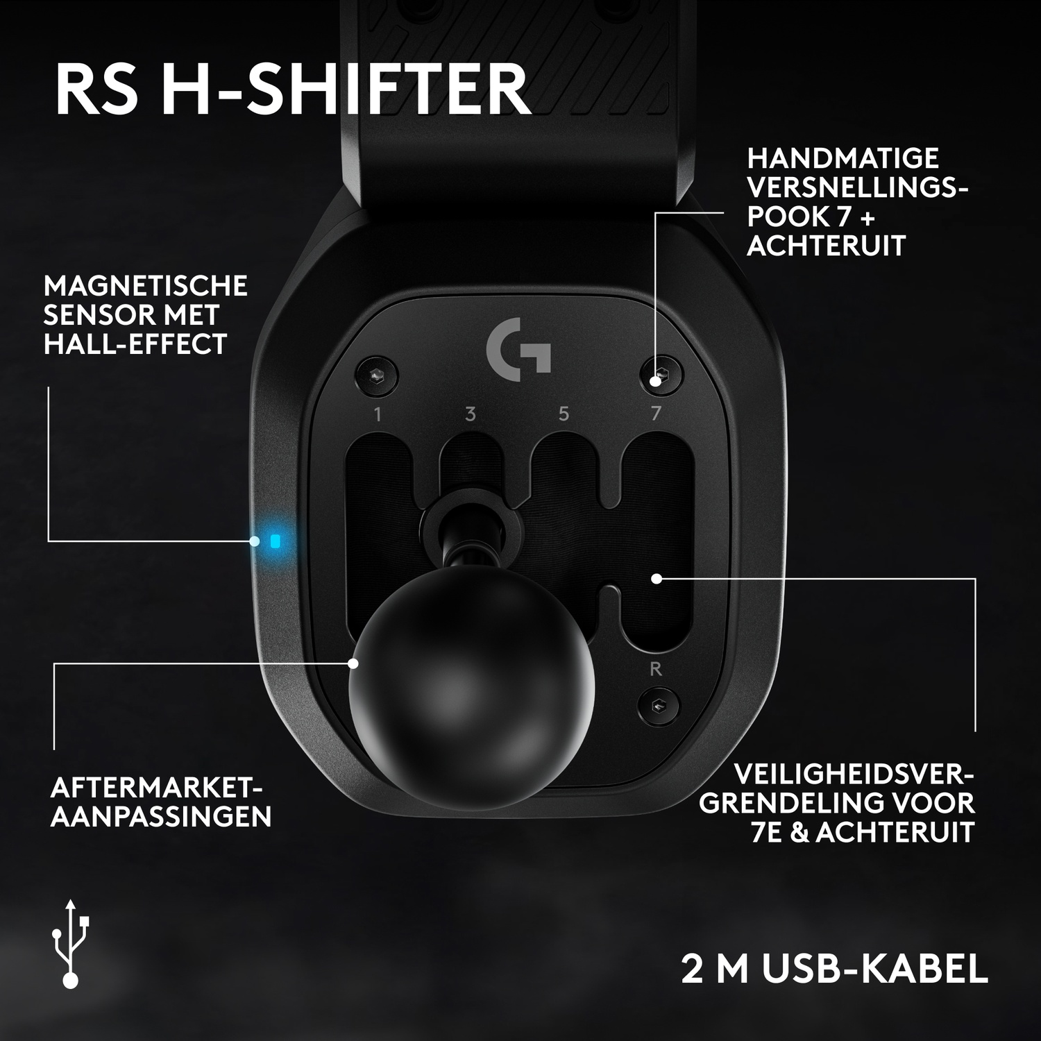 Zwarte H-shifter met schakelpatroon, bolle knop en tekstlabels.