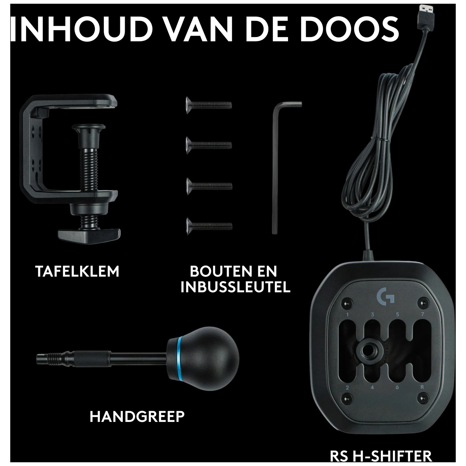 Logitech H shifter accessoires: klem, schroeven, inbussleutel, handgreep en shifter.