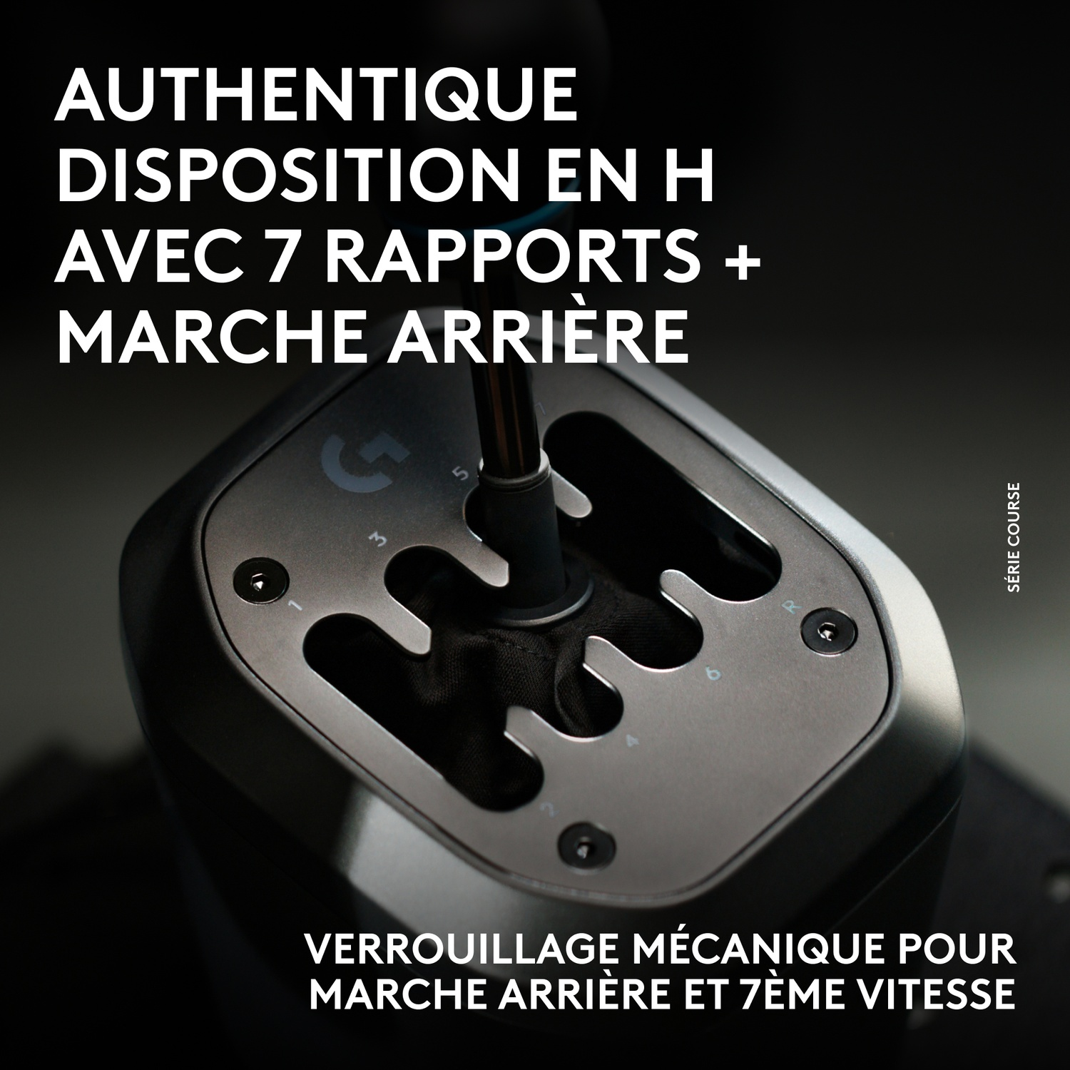 Gros plan sur un levier de vitesses à grille en H, 7 rapports et marche arrière.