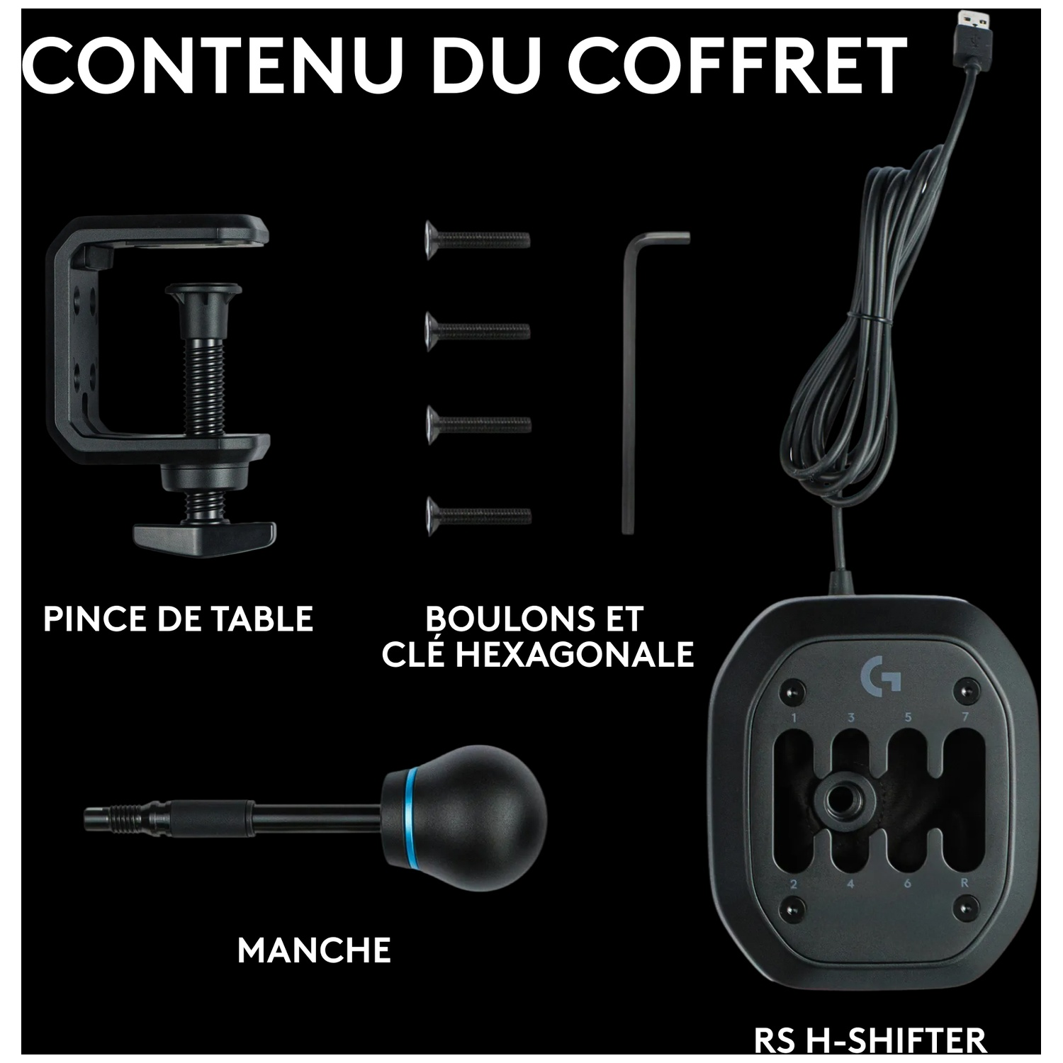 Accessoires Logitech RS H-Shifter : pince, vis, clé Allen, manche et levier de vitesse.