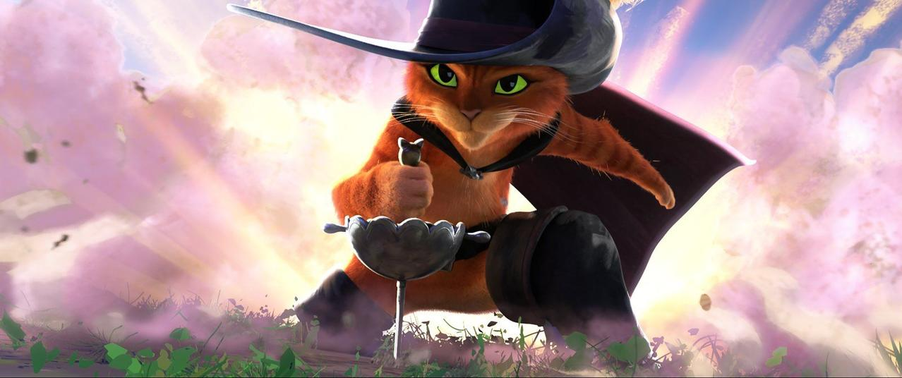 Eine orangefarbene Katze in Stiefeln und Hut hält ein Schwert und eine Schale.